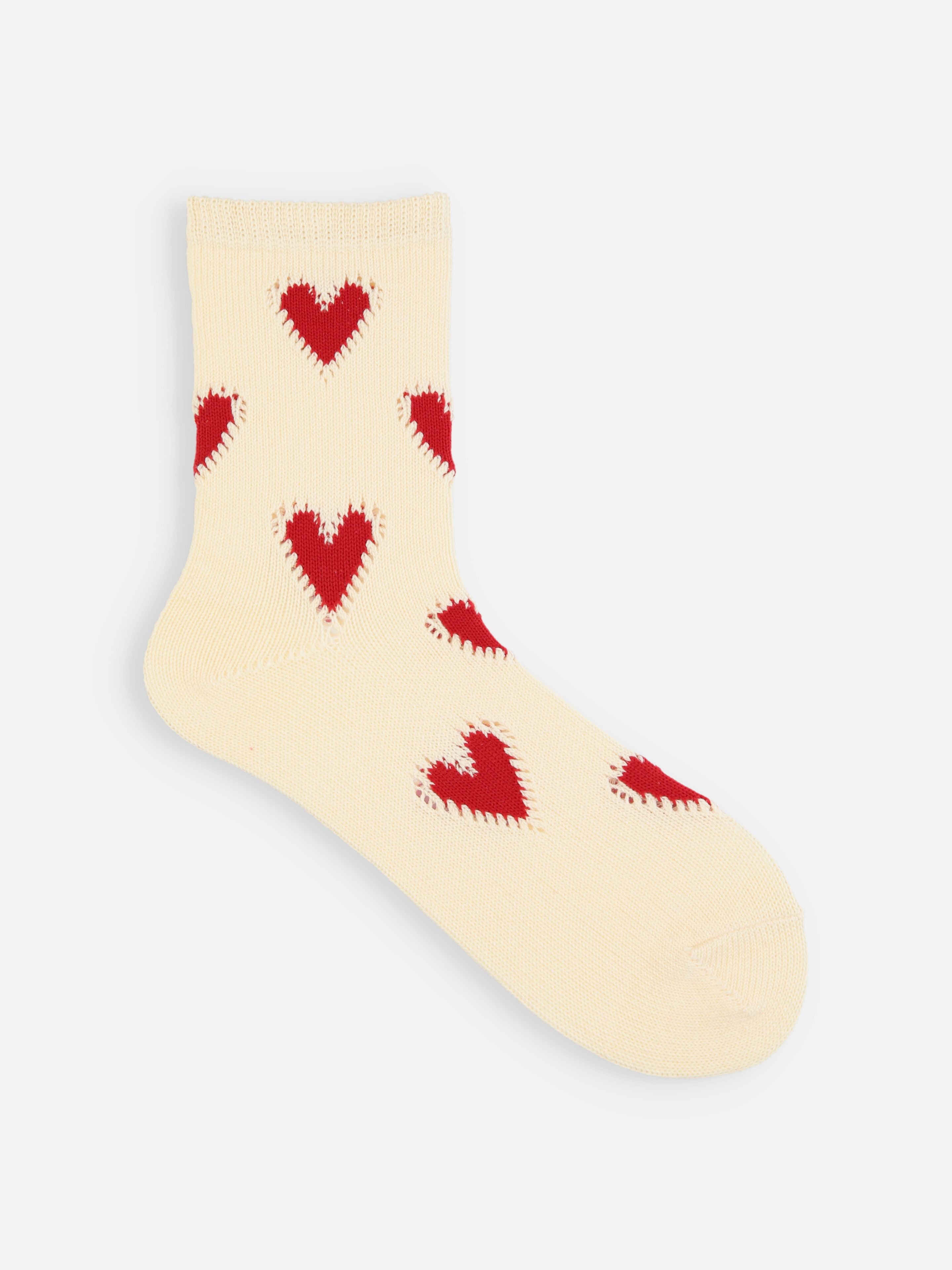 Tabio Colorful Hearts Socks in Ecru/Red, front view showcasing red heart pattern and soft, year-round cotton blend.