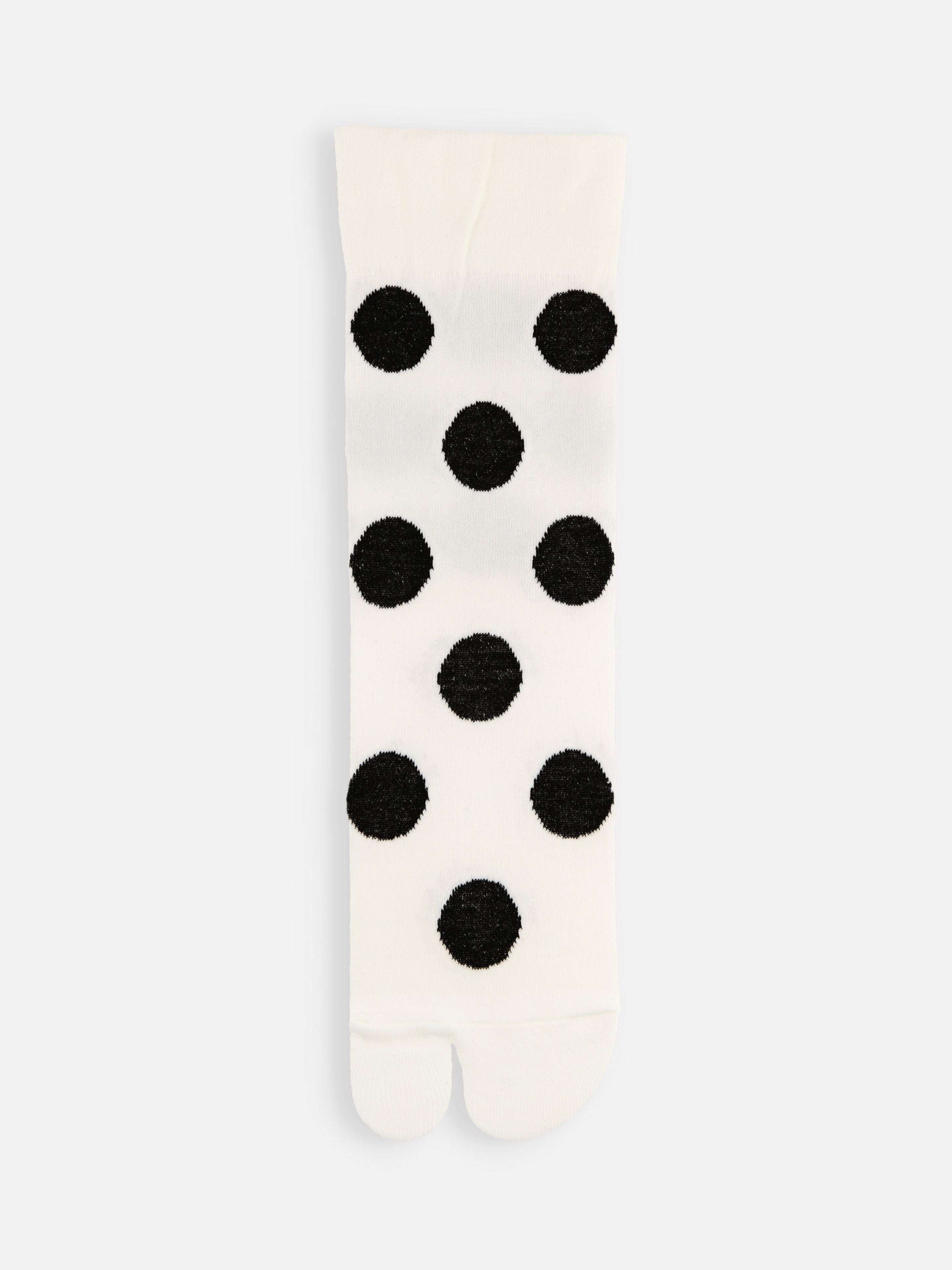 Tabio Big Dots Tabi Socks, front view, featuring large black polka dots on a white background, image 1.
