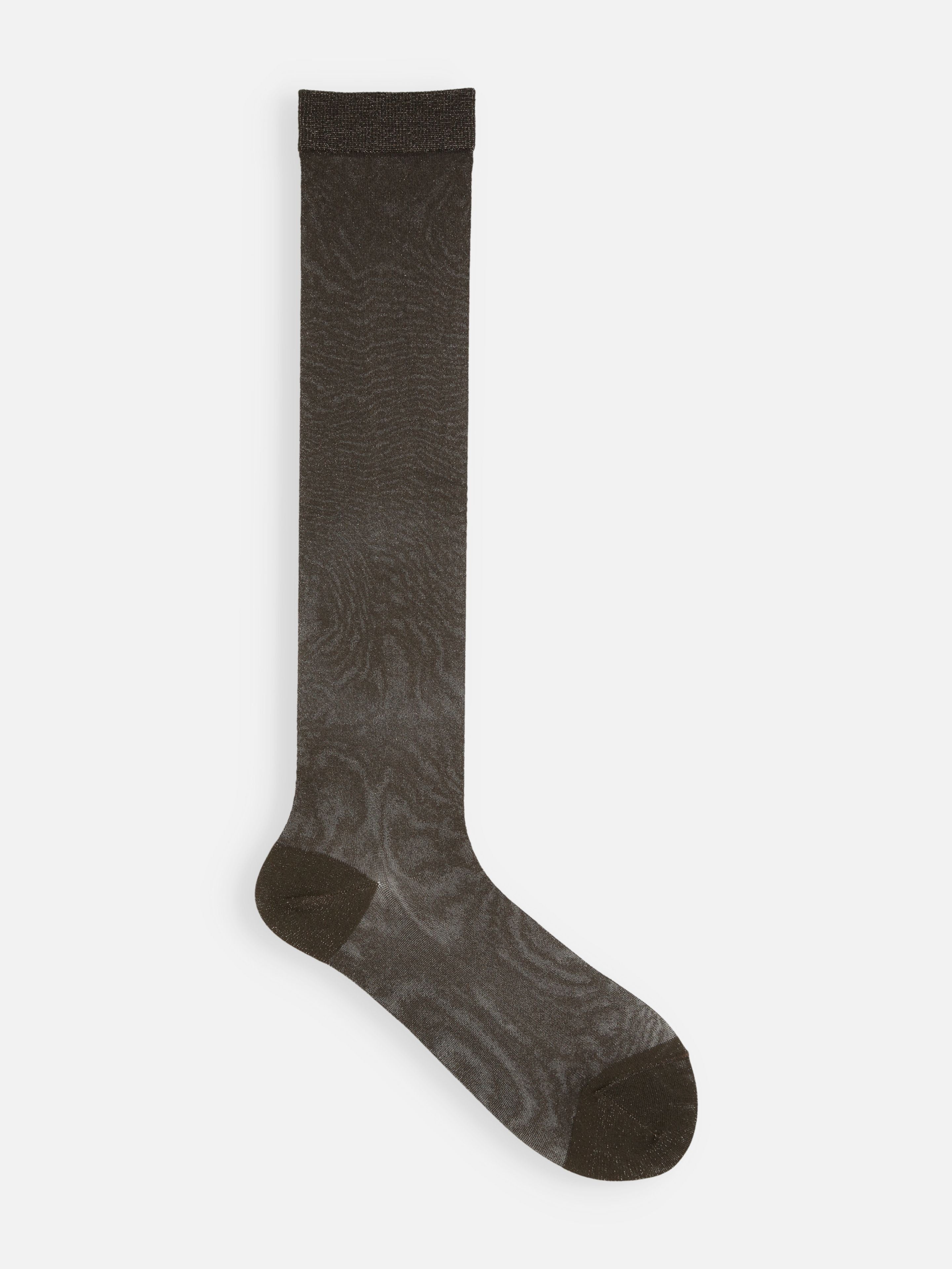 Tabio Fine Sparkling Knee High Socks in brown, front view showing elegant, subtle sequins, and soft texture.
