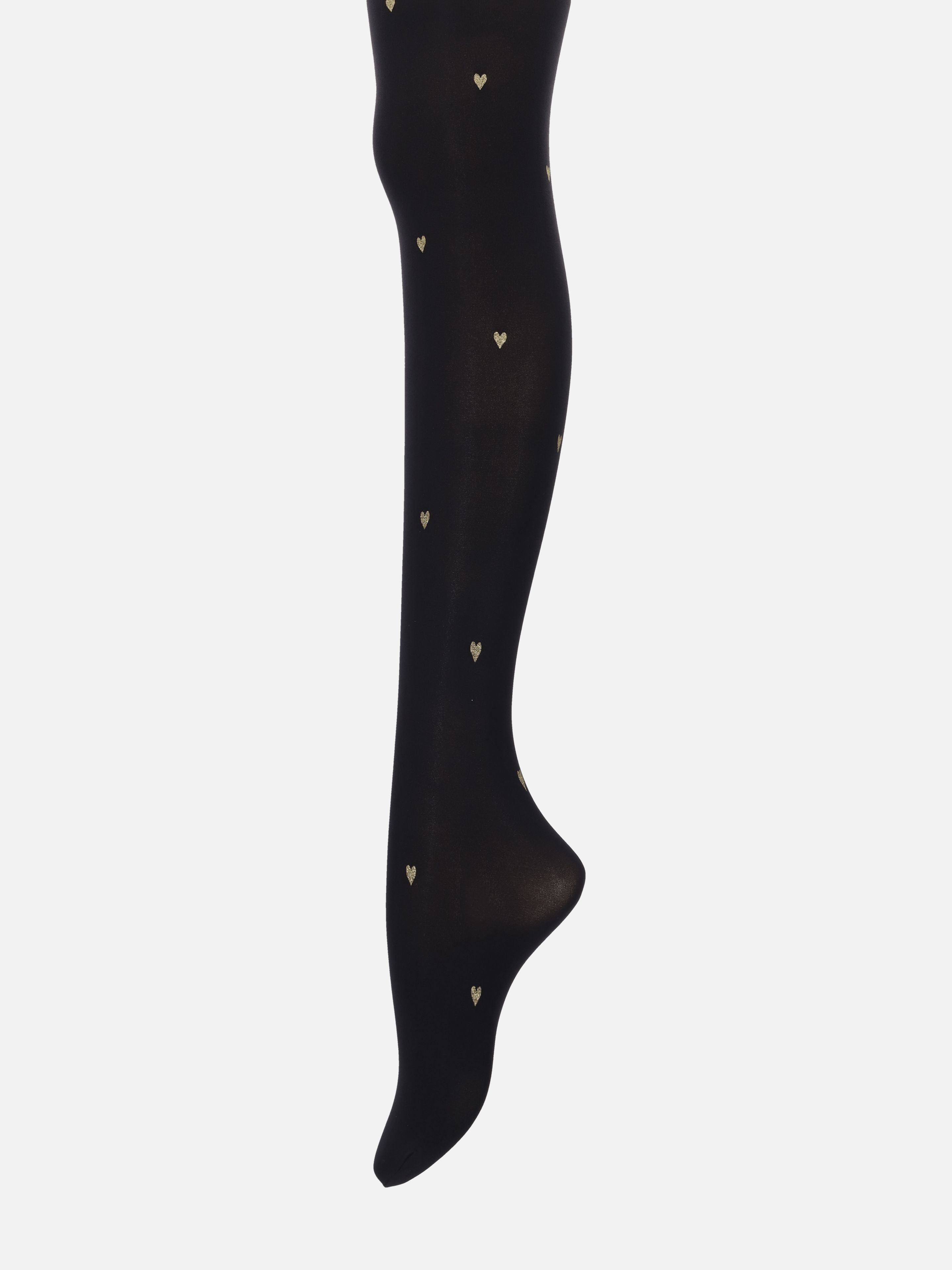 Tabio Heart Pattern Lamé 60D Tights in black/gold, side view; features heart design and shimmering lamé finish for glam.