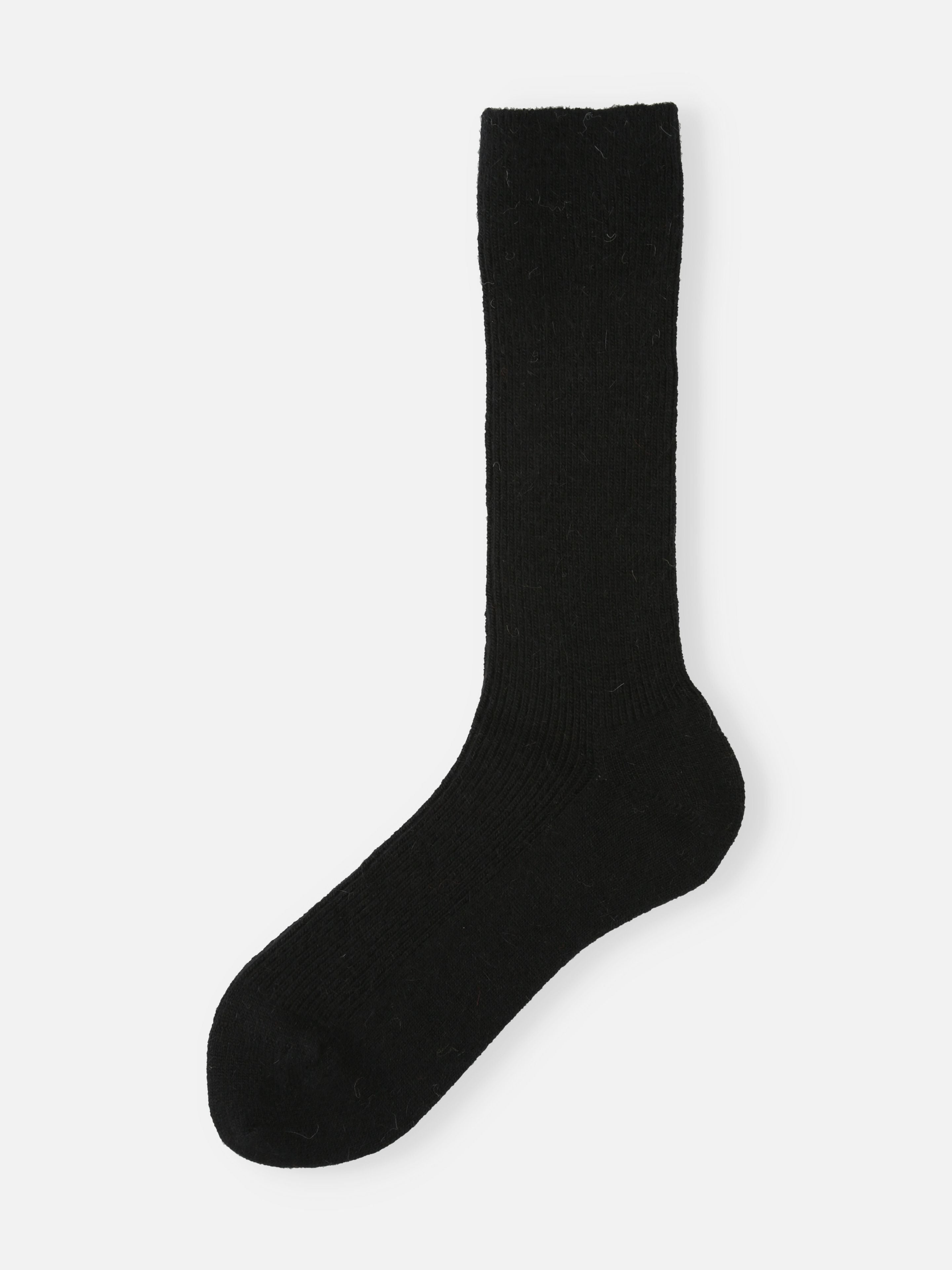 Tabio Angora Ribbed 3/4 Socks, front view of single black sock with ribbed texture on white background.