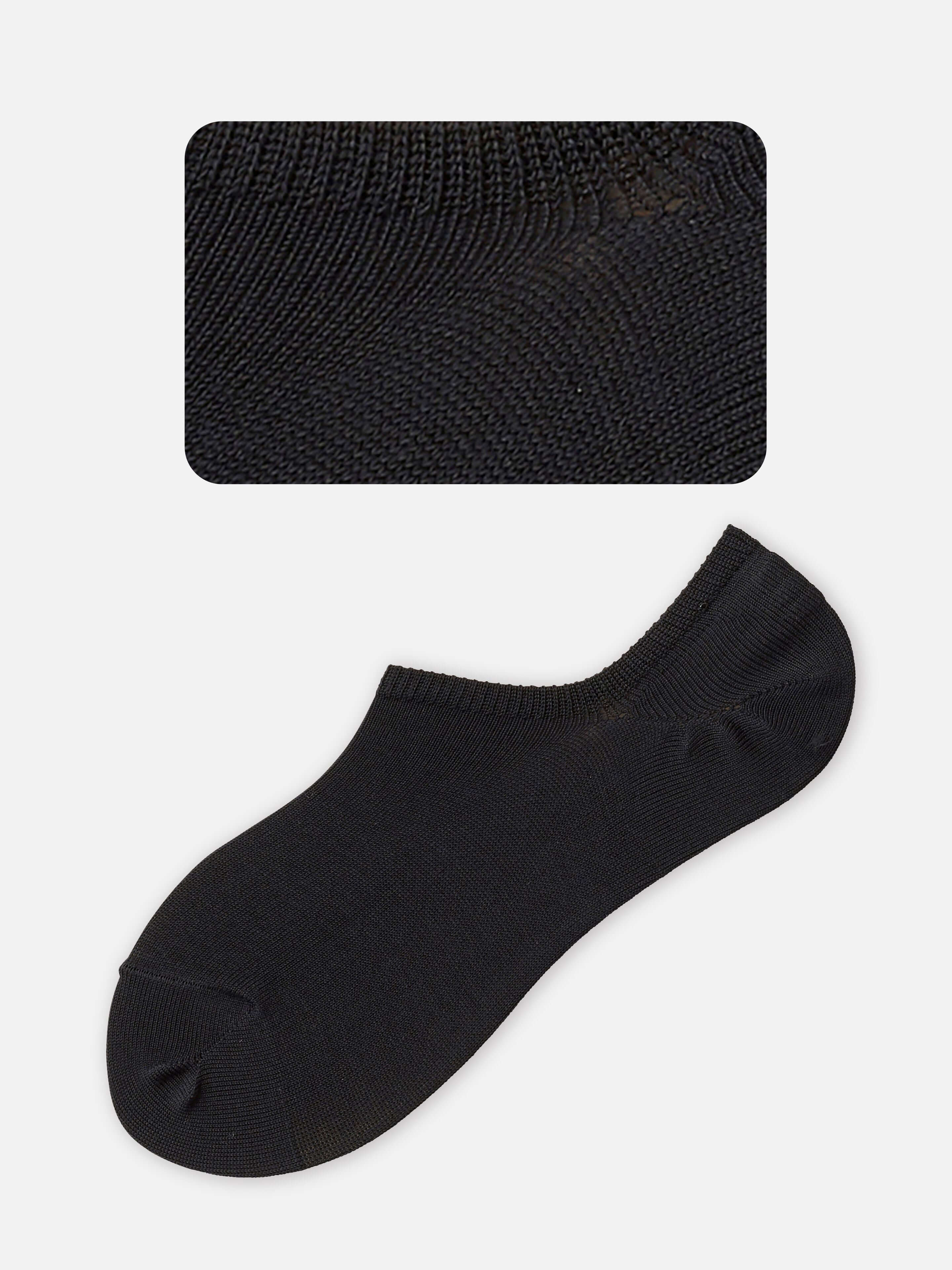 Tabio Lyocell Plain Sockettes in black, showing detailed texture and heel view with silicone anti-slip grip. Ideal for.