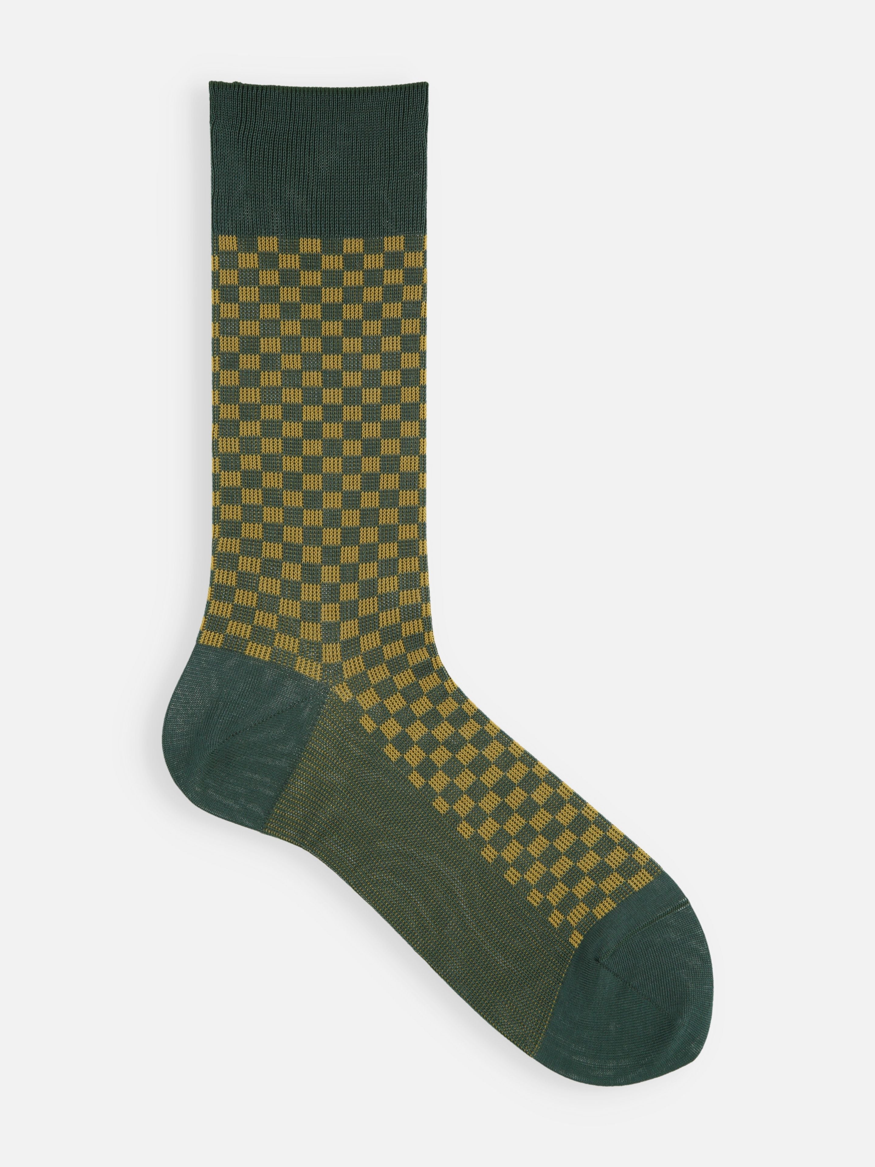 Tabio Damier Pattern Mid-Calf Socks in blue and green showcase a stylish checkerboard design, perfect for elevating outfits.