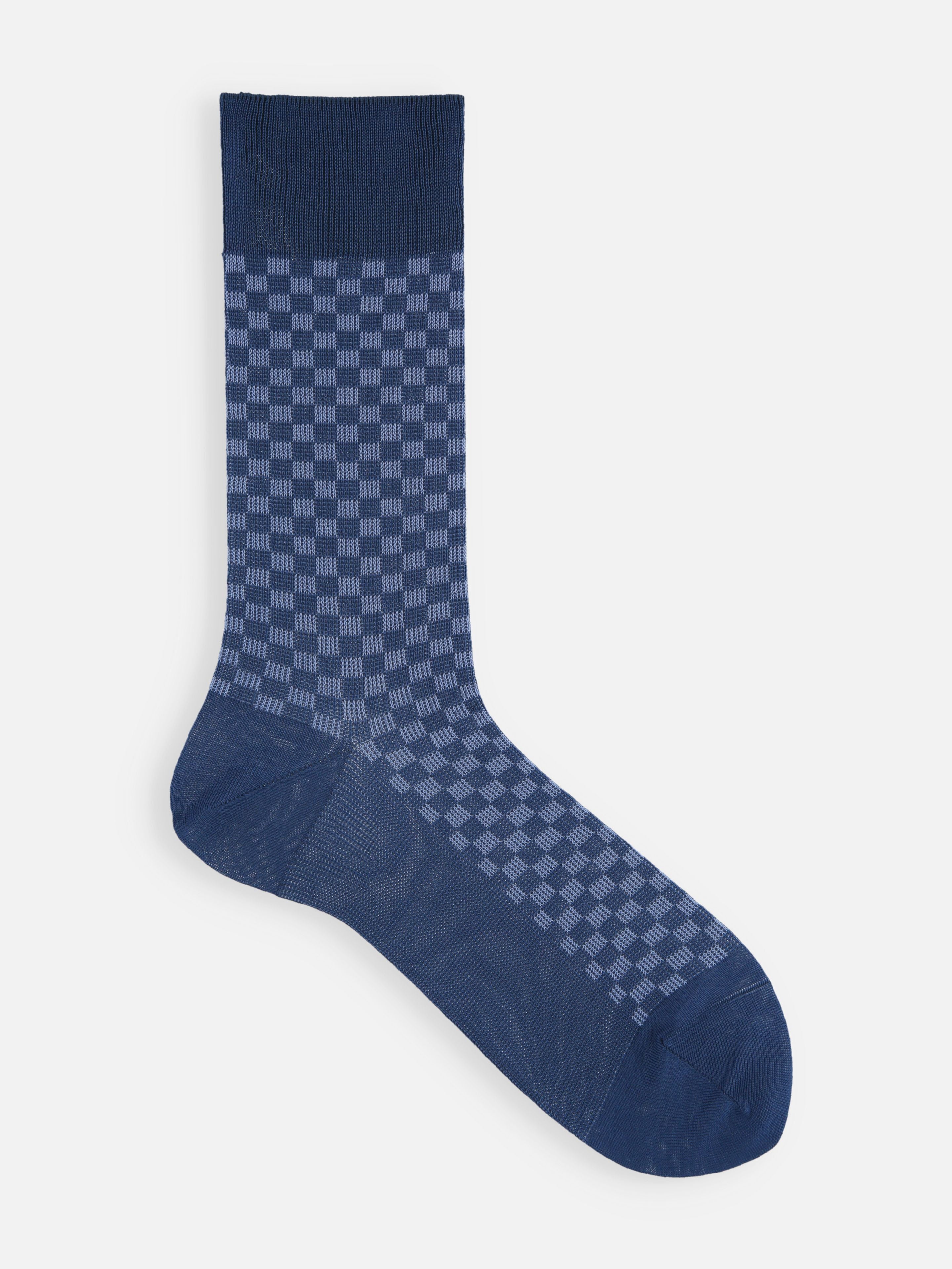 Tabio Damier Pattern Mid-Calf Socks featuring a blue-green checkerboard design, side view showcasing texture and style.