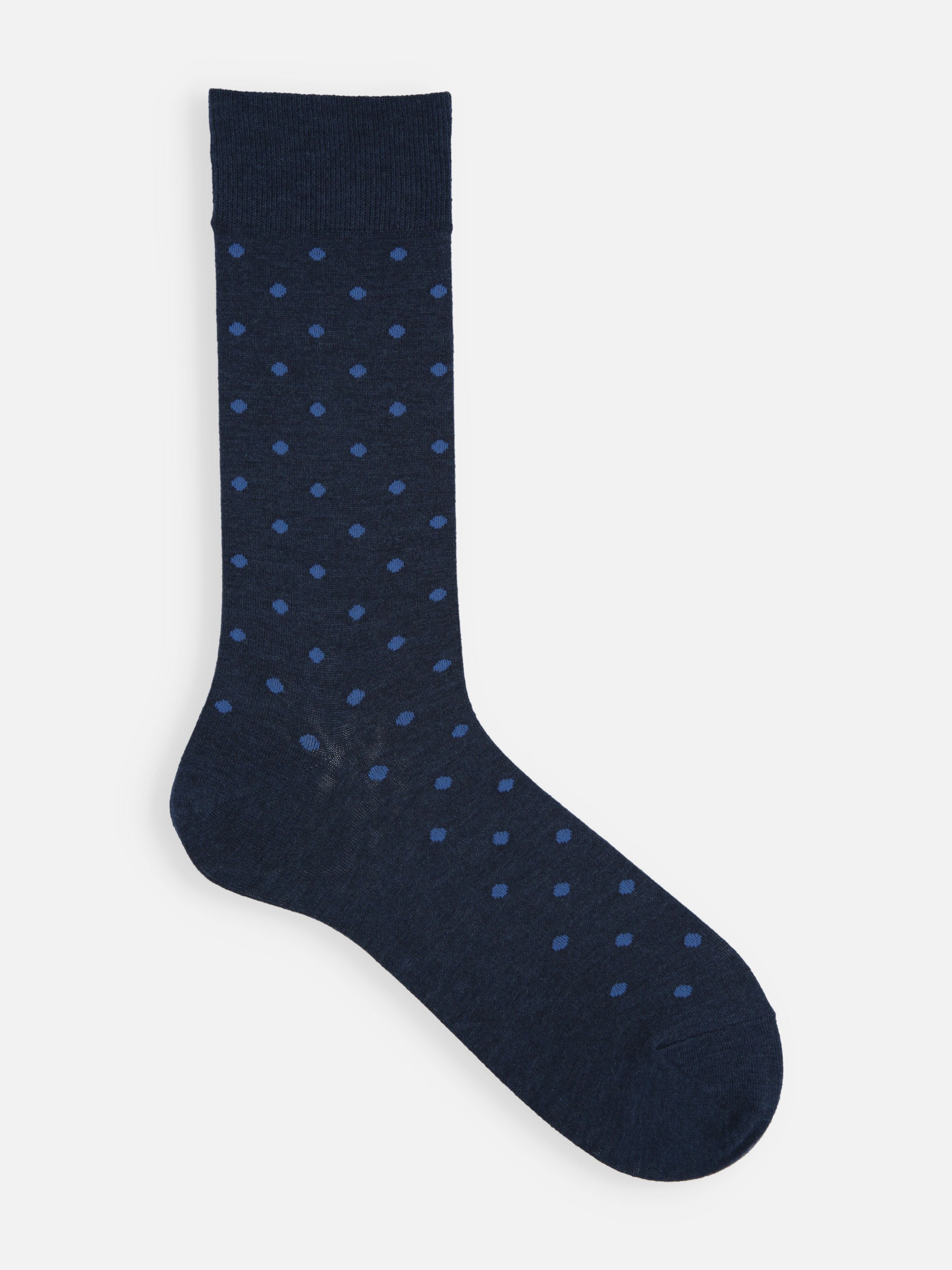 Tabio Polka Dots Mid-Calf Socks, grey with blue dots, side view. Perfect for both sophisticated and casual outfits.