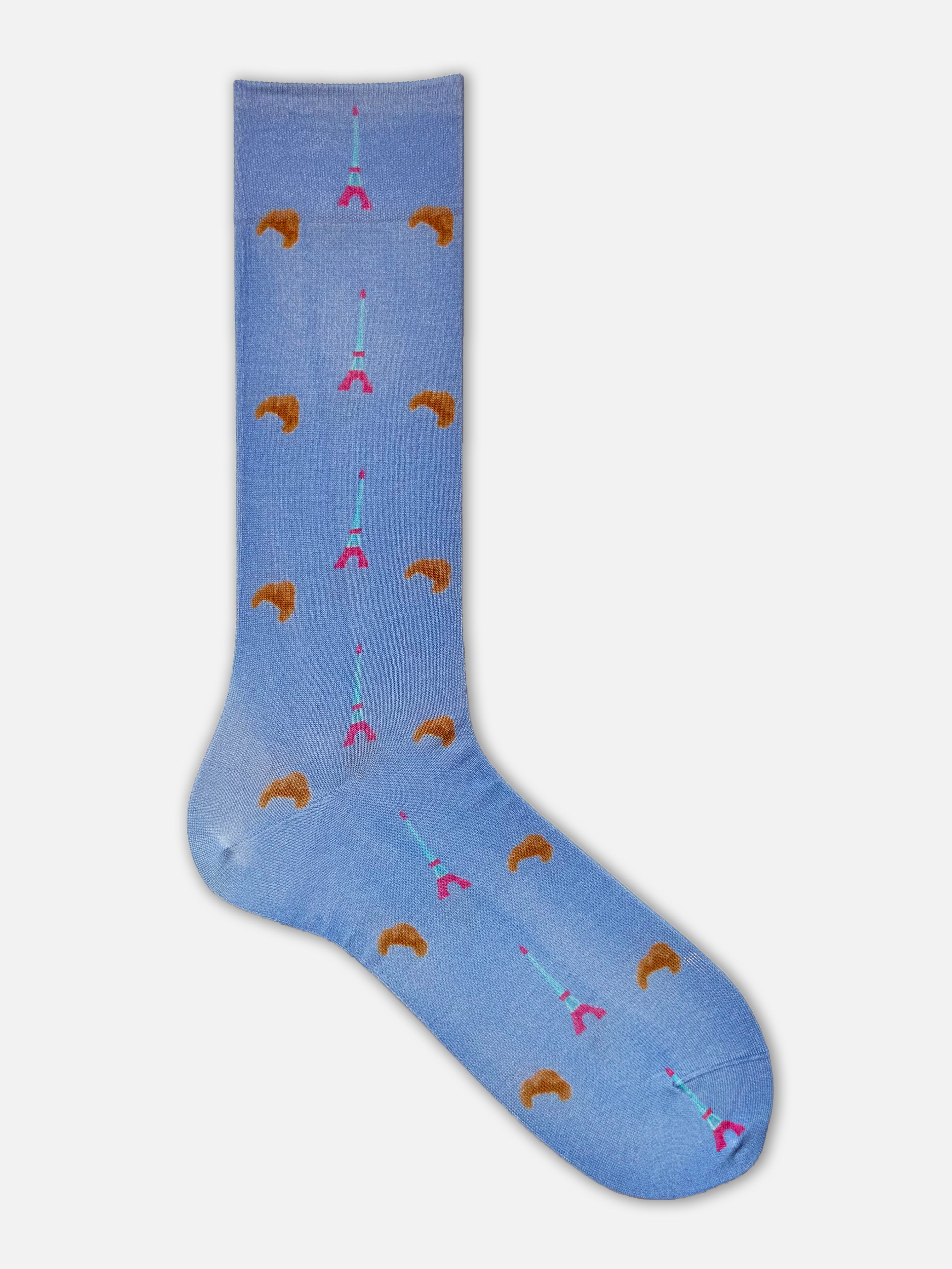 Tabio blue Print Crew Socks with landmark-croissant pattern, front view. Ideal for casual or streetwear outfits.
