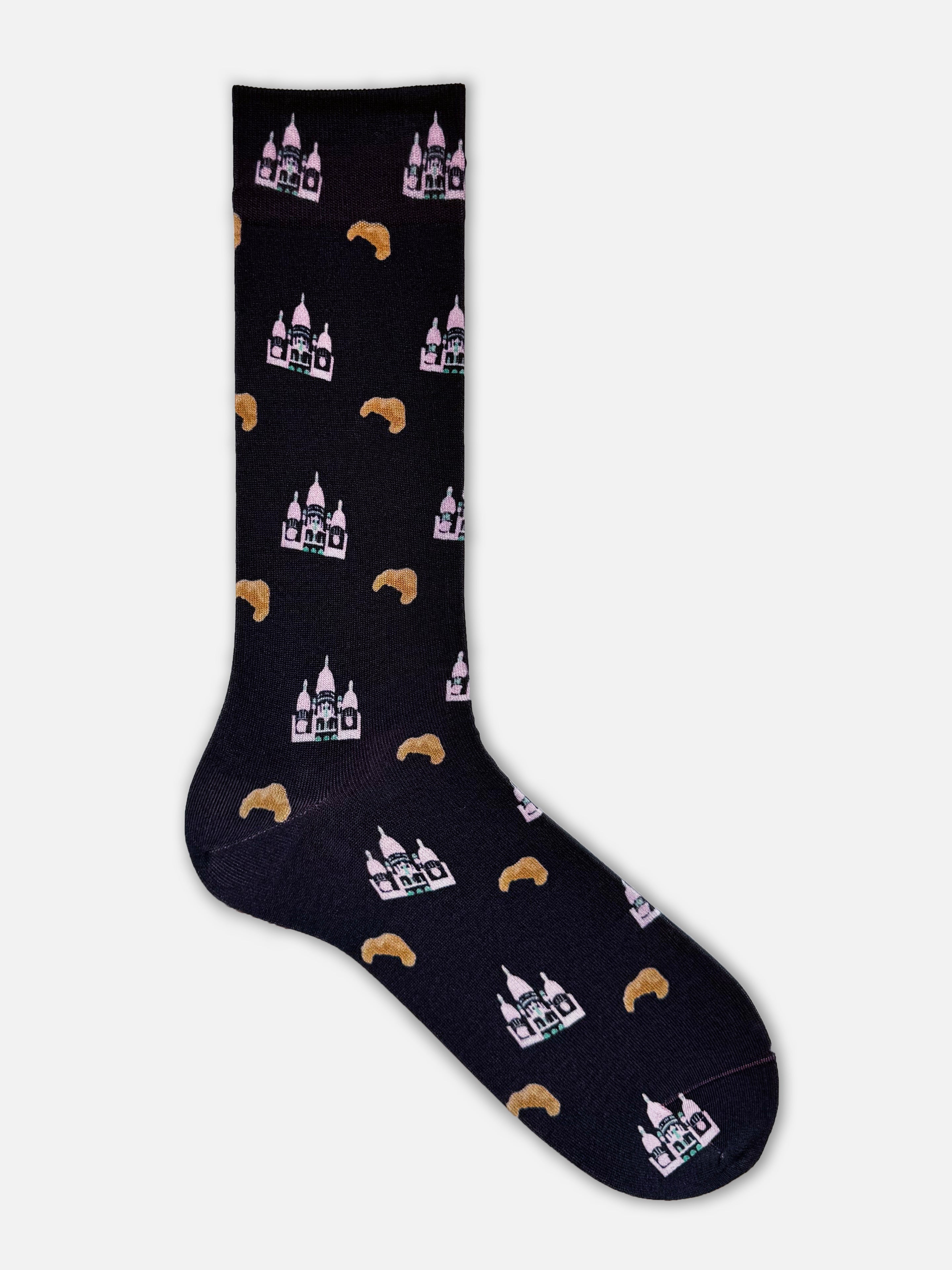 Tabio Print Crew Socks featuring a landmark-croissant pattern in blue, perfect for casual or streetwear styles.