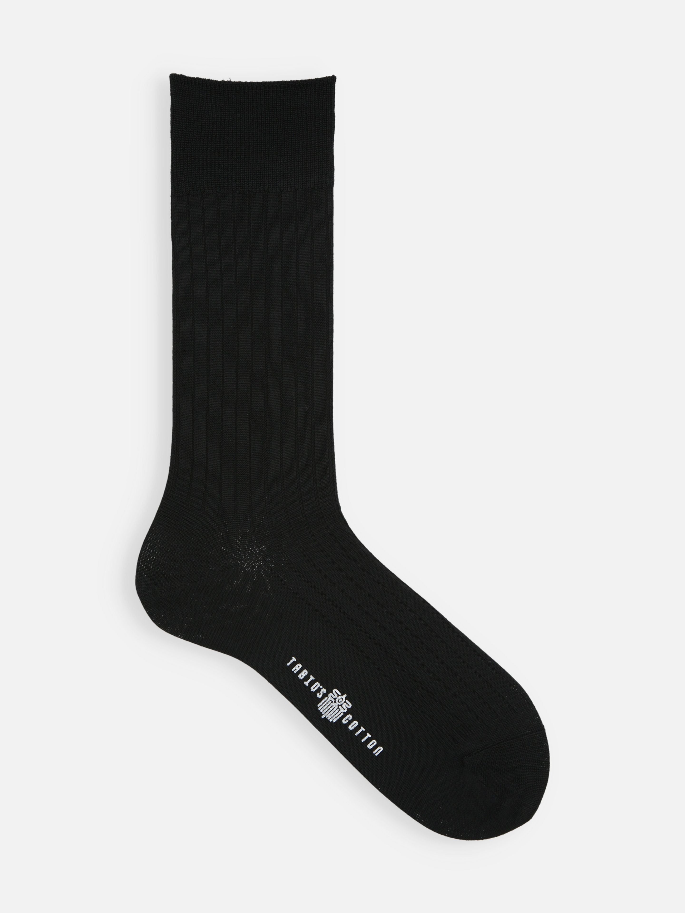 Tabio Cotton Classic Rib MC Socks in black, side view showcasing ribbed texture and soft cotton material.