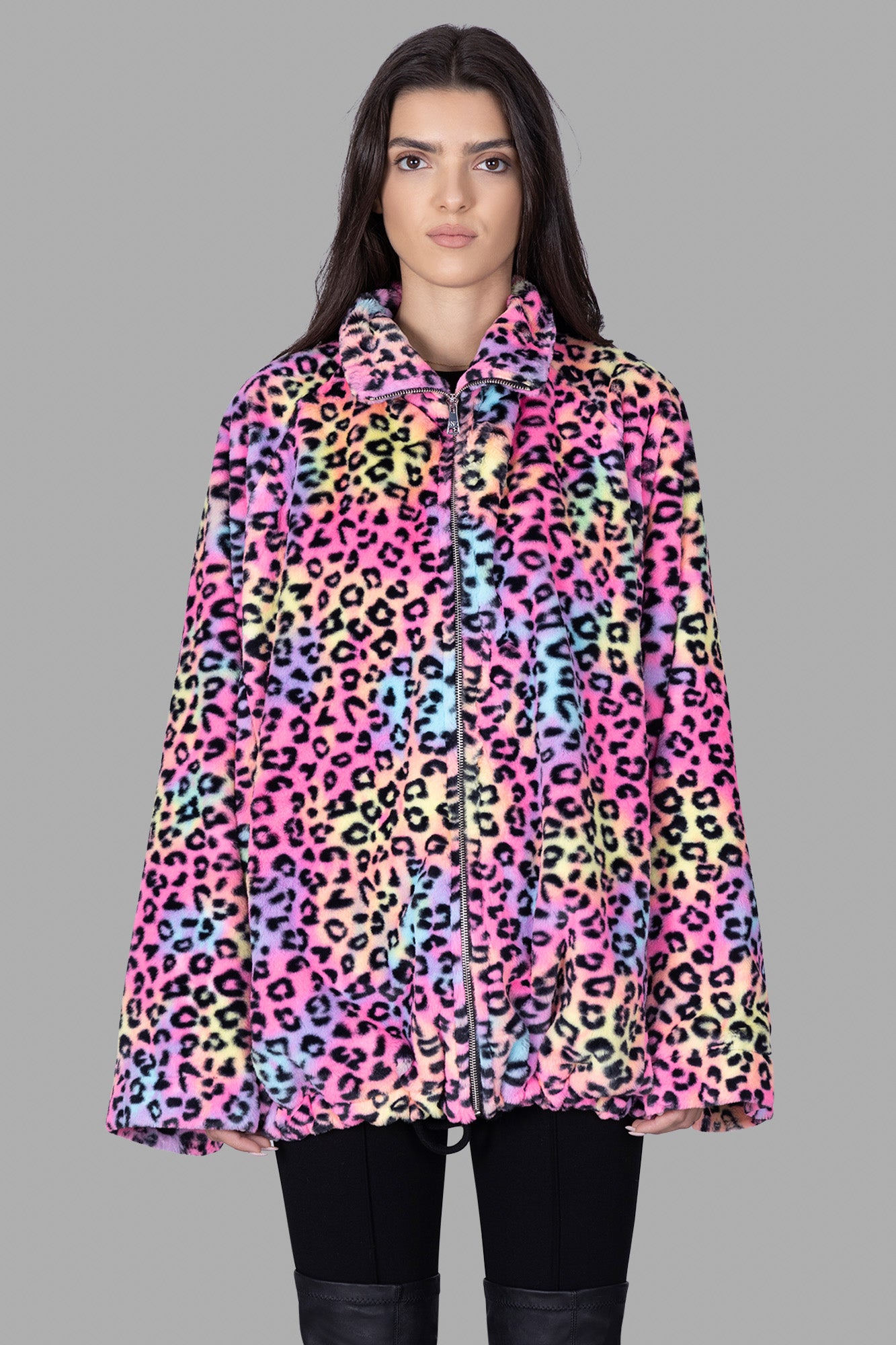 Natasha Zinko Soft Leopard-print Jacket with a zip front, classic collar, and vibrant multicolor design, showcased on model.
