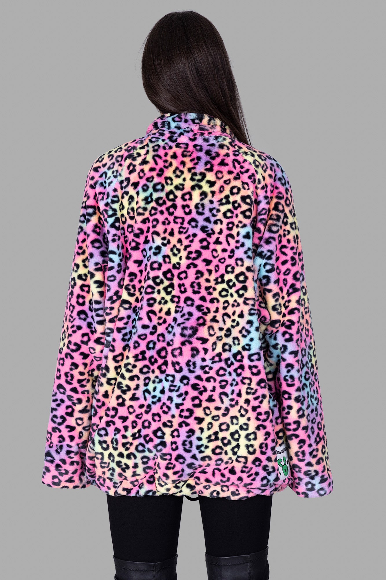 Natasha Zinko Soft Leopard-print Jacket, featuring a colorful pattern and classic collar, shown from the back on a model.
