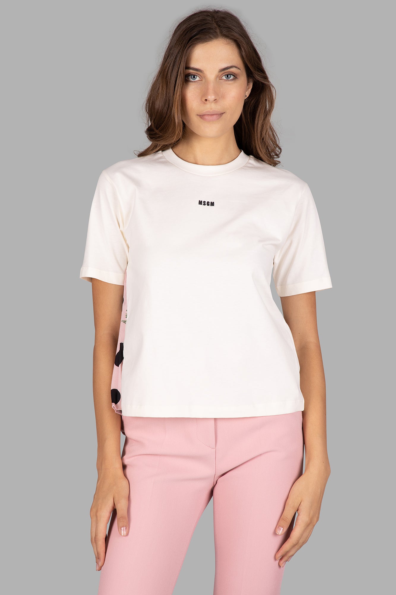 MSGM Logo T-Shirt in ecru features a round neck, cropped design, and pleated detailing, displayed on a model.