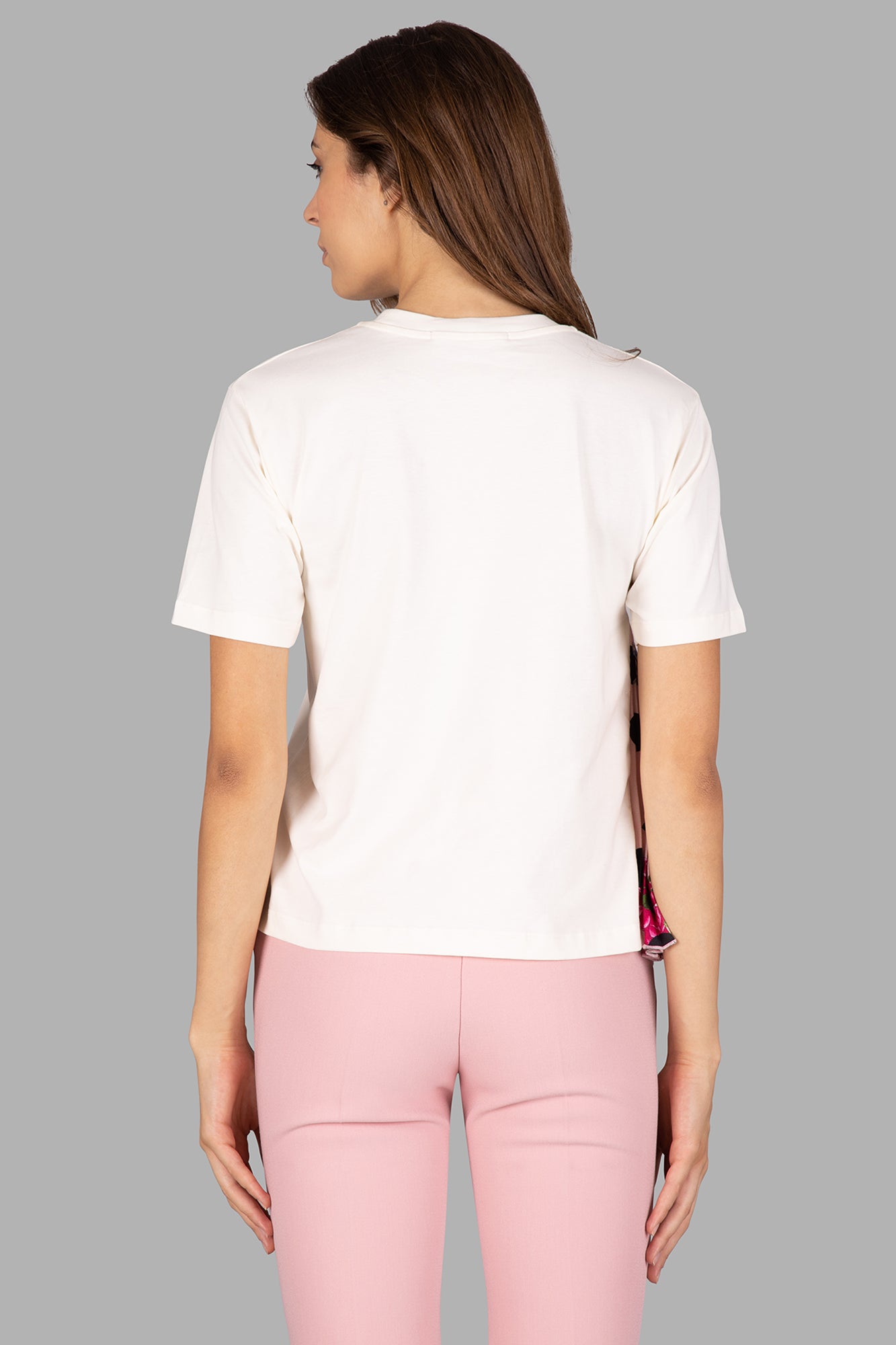 MSGM Logo T-Shirt in ecru, featuring a cropped design and pleated detail, shown from the back on a model.