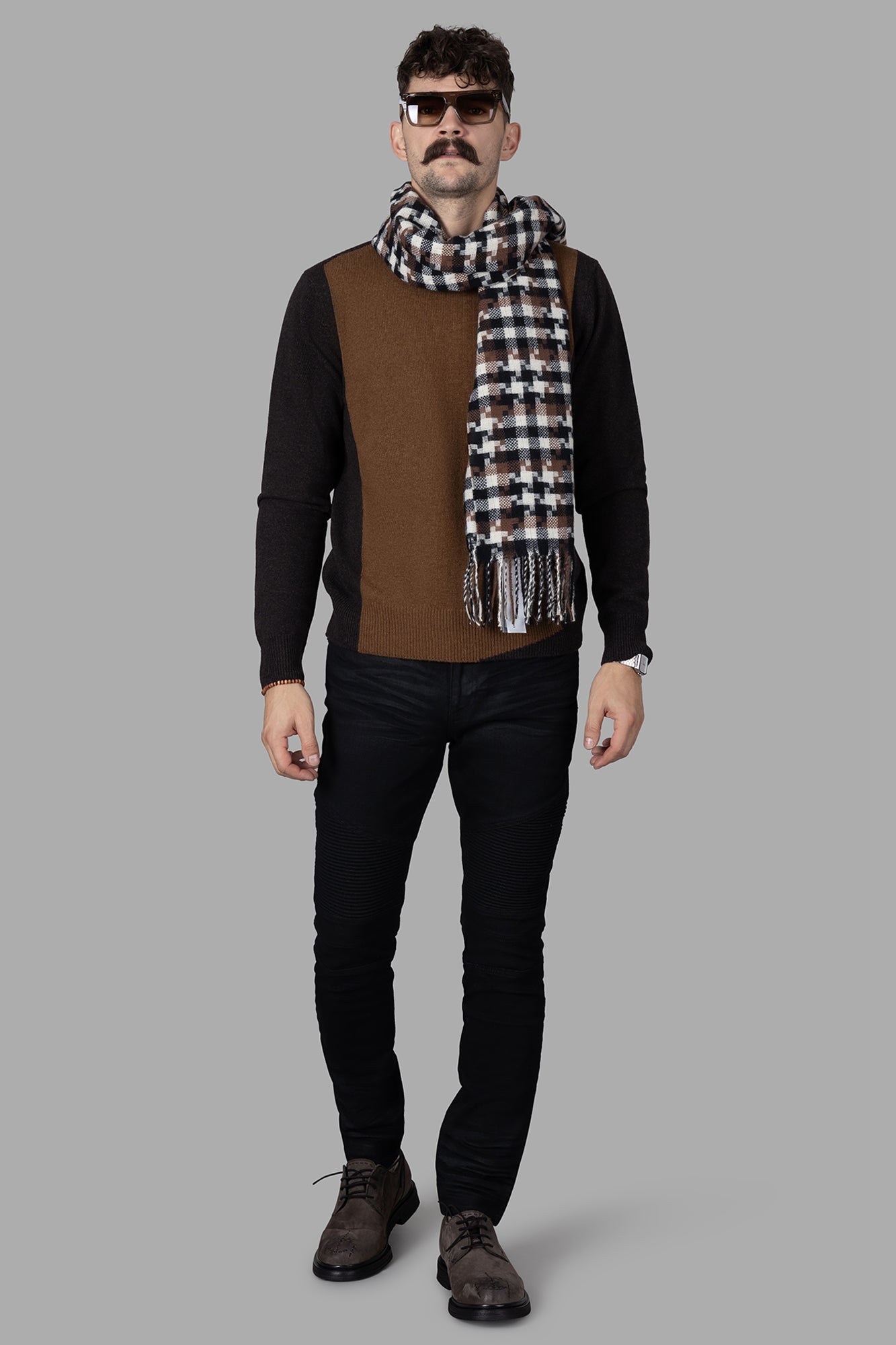 AION Color-block Sweater in brown, on-model view, showcasing timeless paneled design with rounded neckline and classic fit.