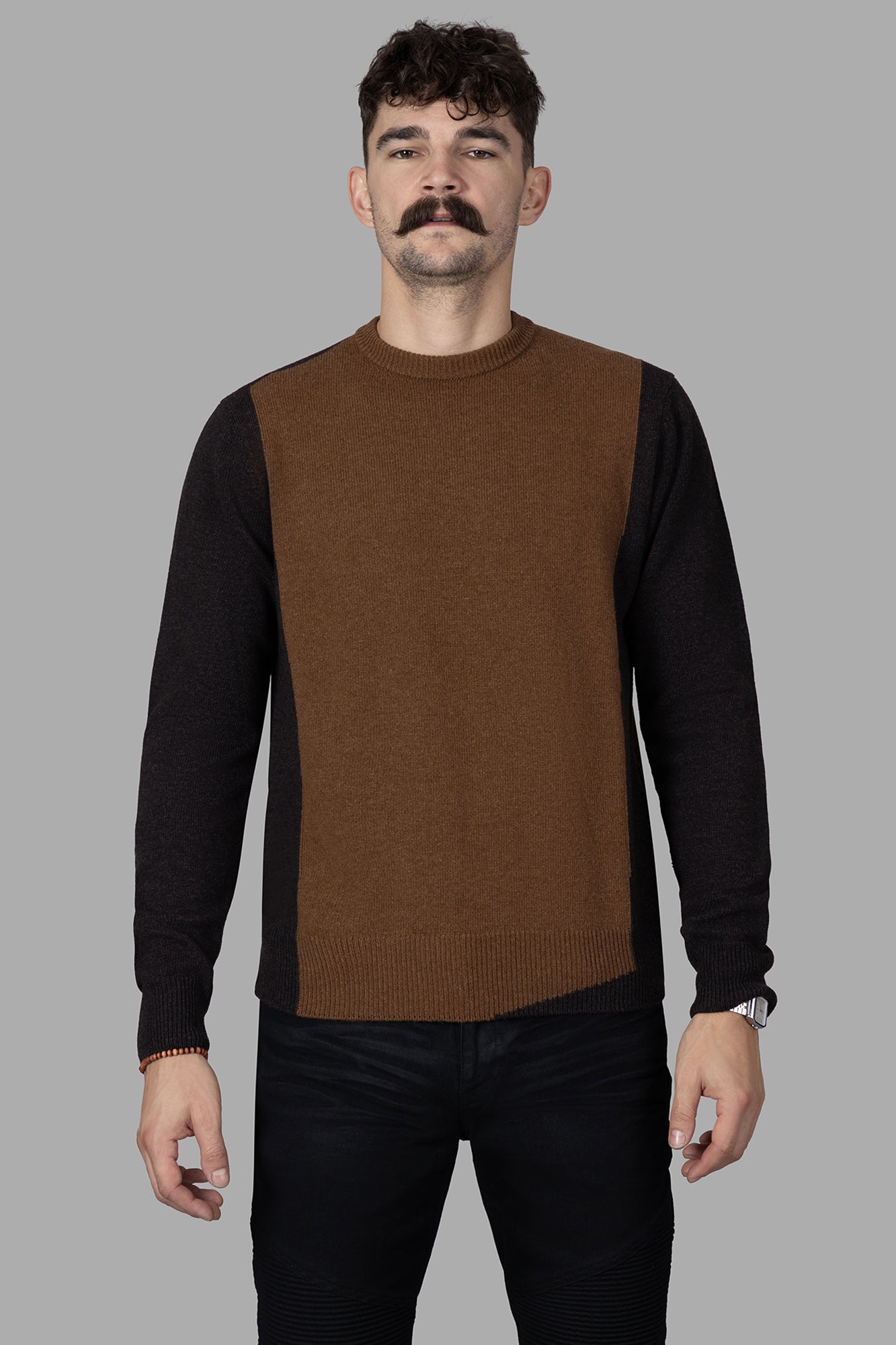 AION Color-block Sweater featuring a classic paneled design, rounded neckline, and regular fit, shown on model.