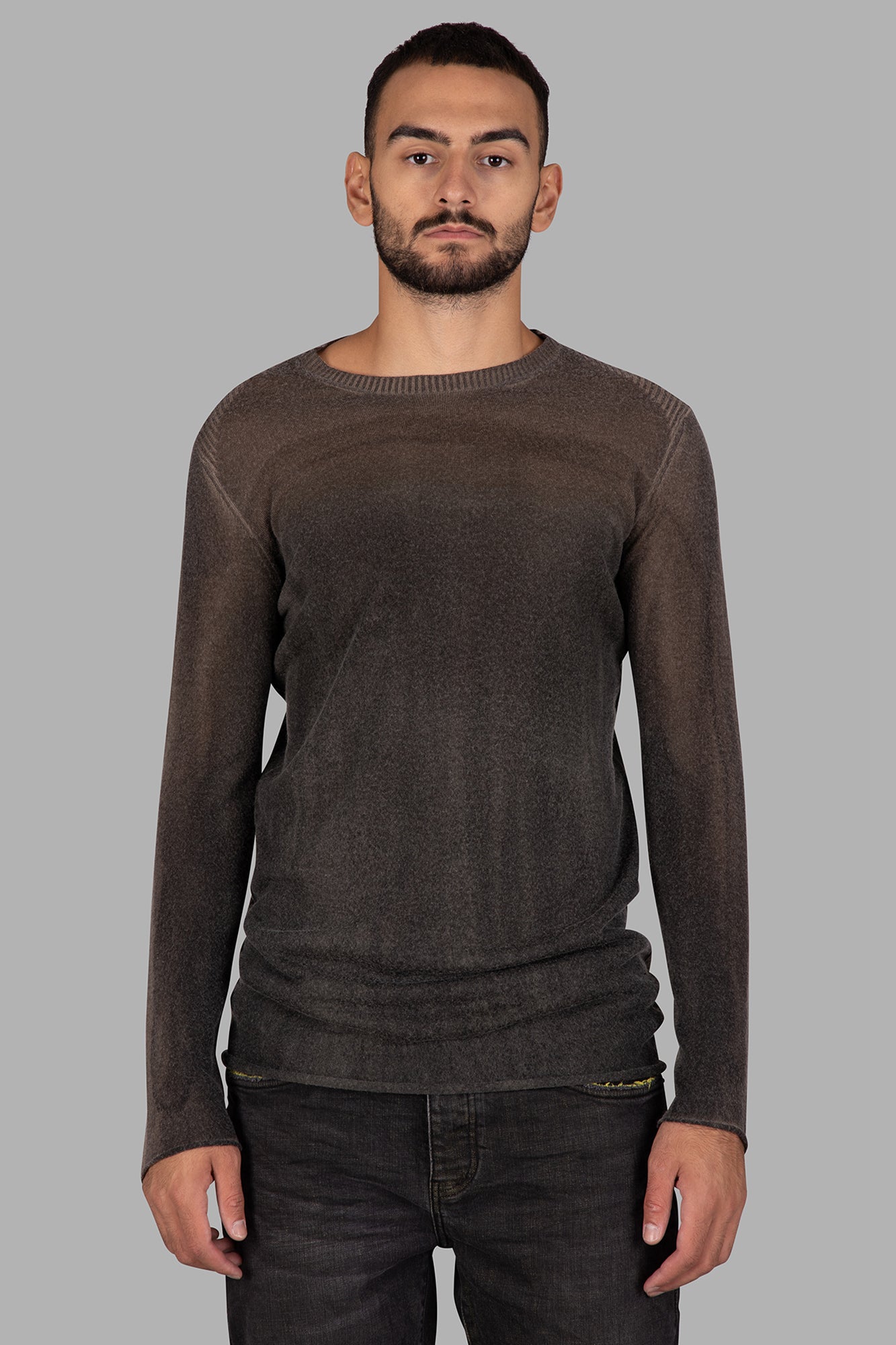 Masnada Ribbed-detail Sweater in moss showcases a relaxed fit, round ribbed neckline, and long sleeves with an ombre effect.