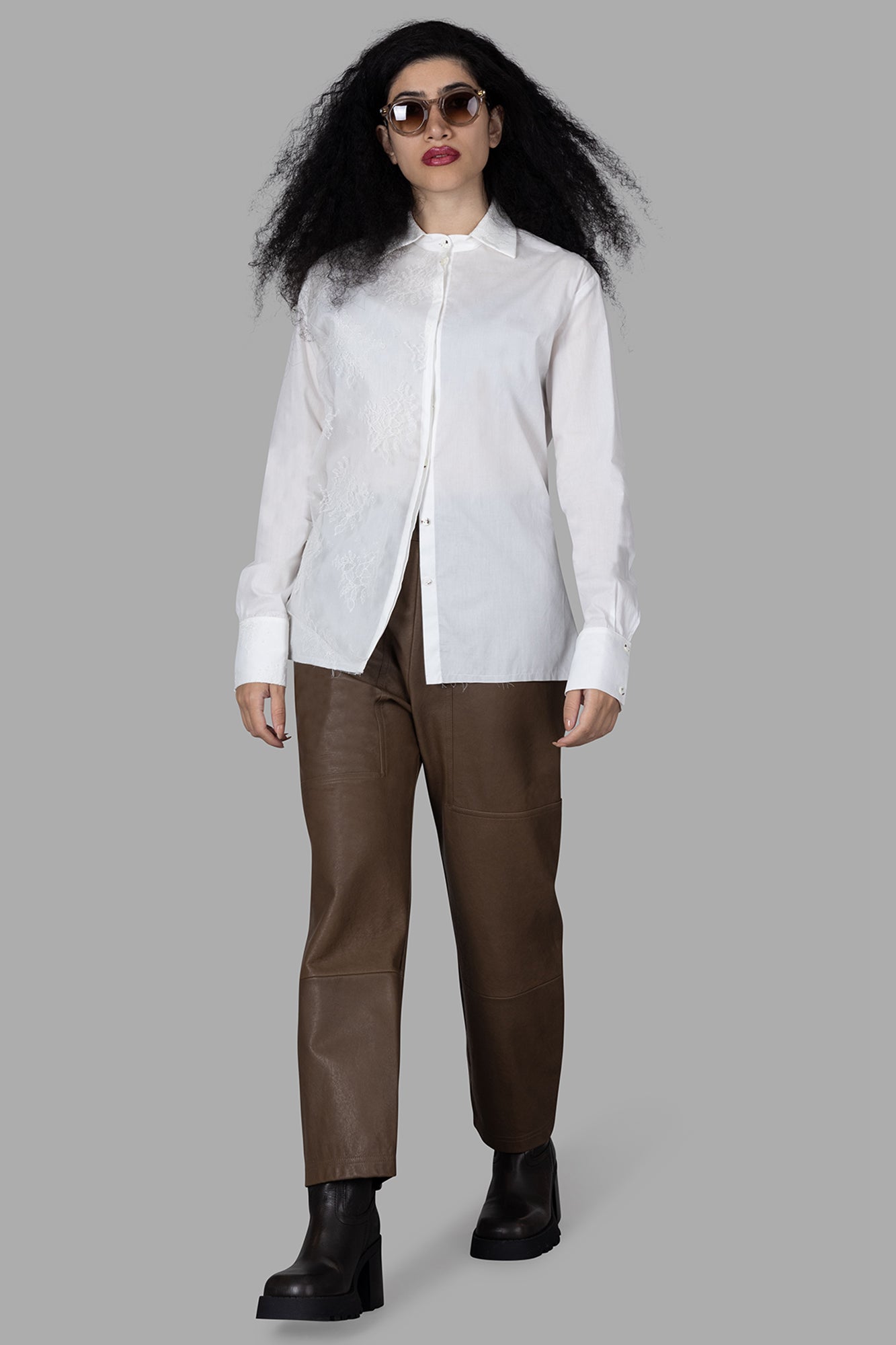Marc Point Lace Shirt in white, showing front view with classic collar and intricate lace embroidery detail.