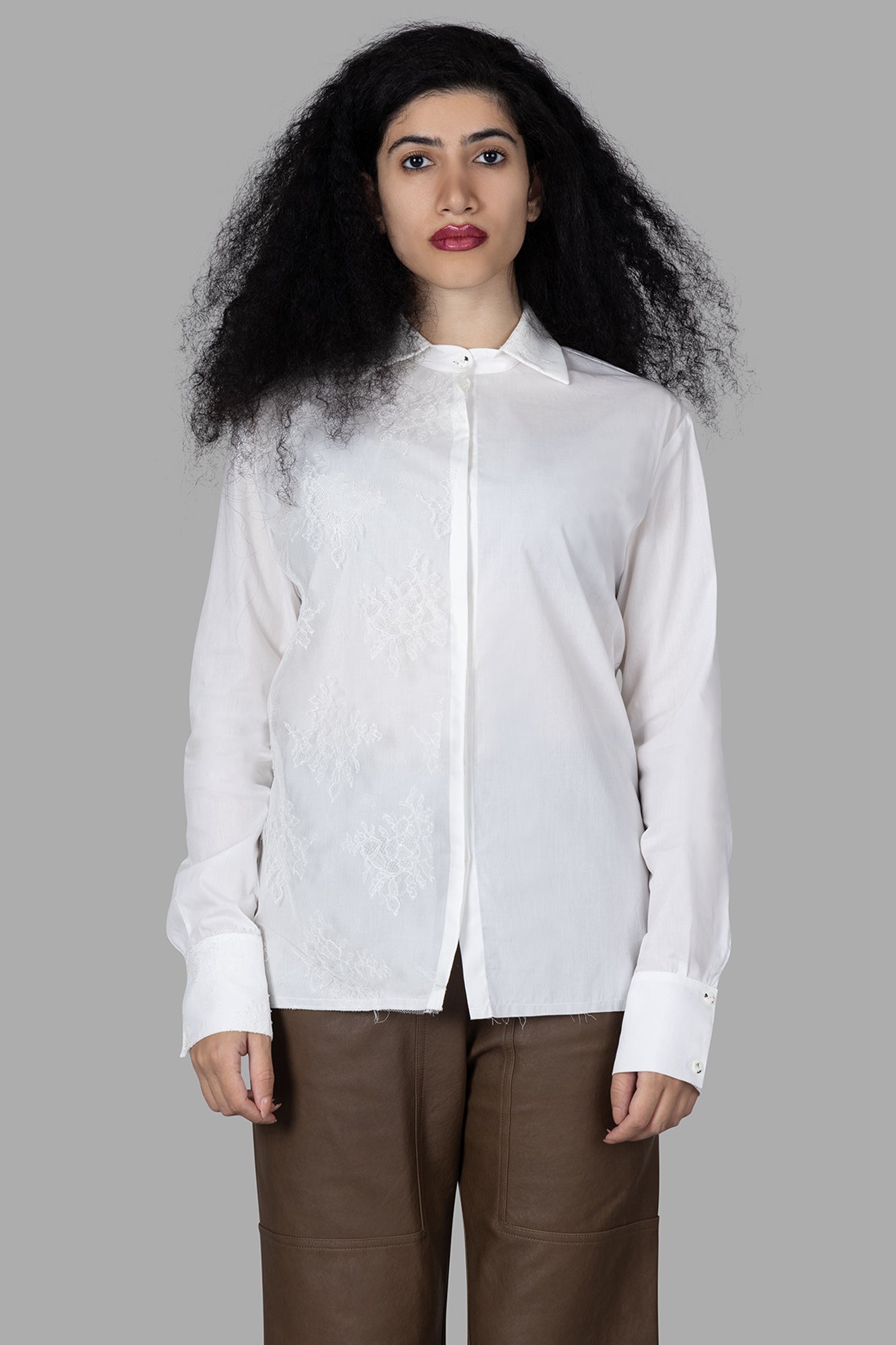 Marc Point Lace Shirt displayed on model, featuring a classic collar and intricate lace detailing in timeless white.
