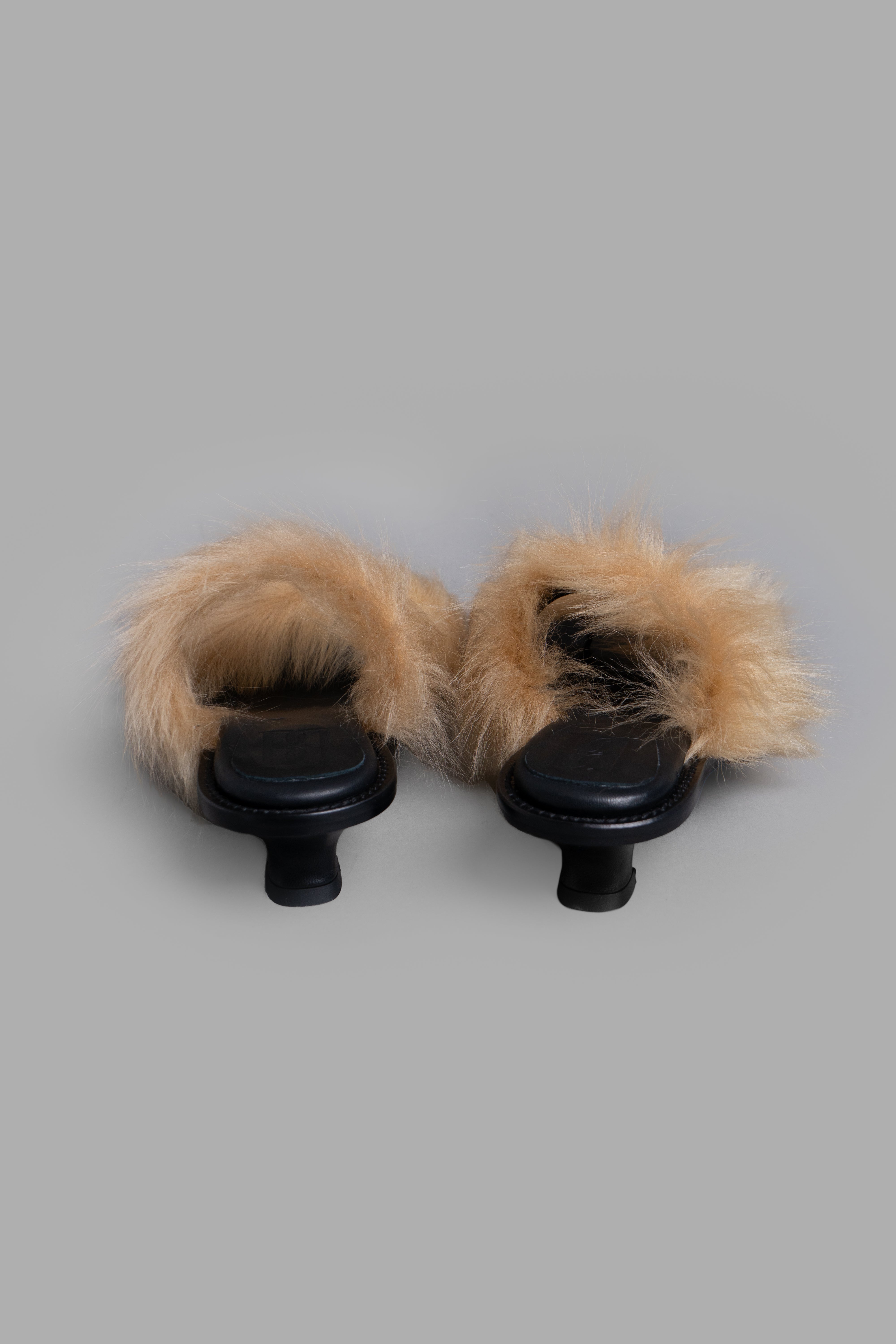 By Malene Birger Tianna Sandals, back view showcasing soft beige shearling and low Cuban heel for year-round comfort.