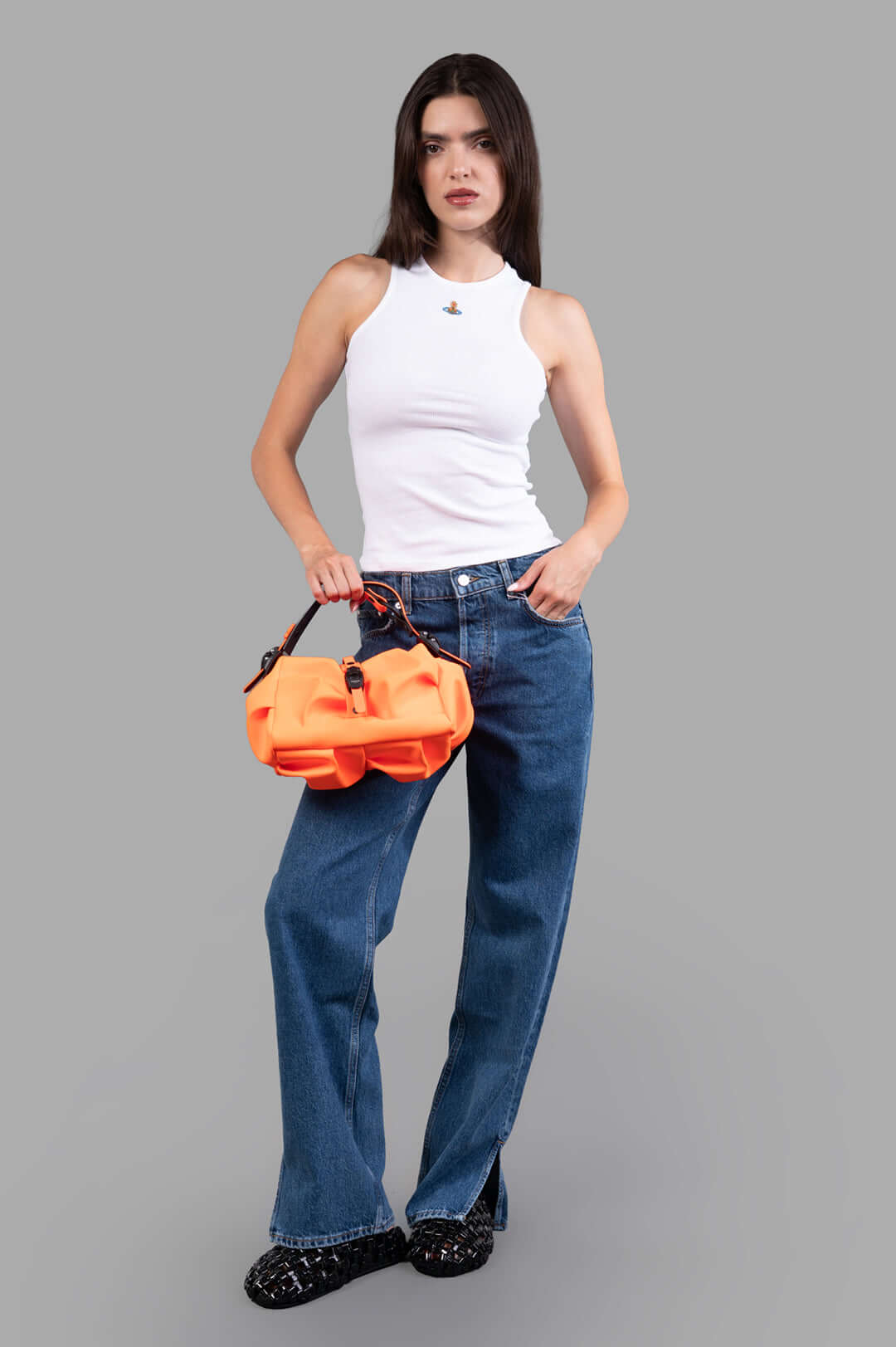 Vivienne Westwood 90s Vest in White, on-model front view, ribbed tank with orb logo at chest.