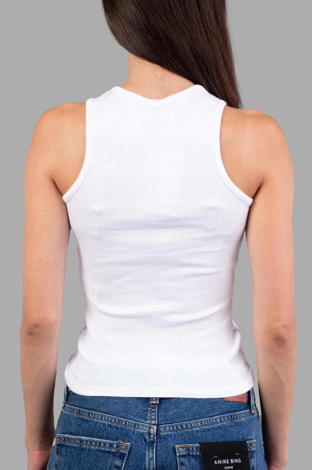 Vivienne Westwood 90s Vest in White, back view on-model showing ribbed tank fabric and sleeveless cut.