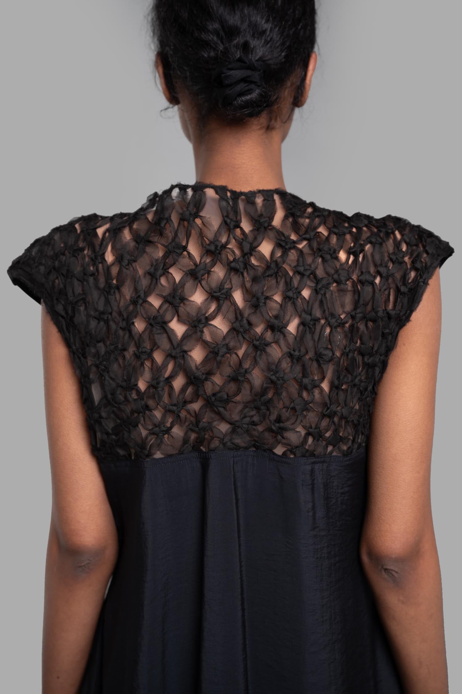 Gentry Portofino Gathered Dress showing an elegant see-through floral panel and cap sleeve details at the back.