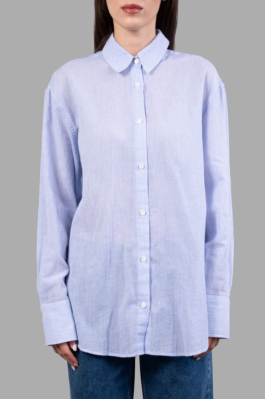 Anine Bing Striped Plaza Shirt displayed front view, featuring blue and white cotton fabric with button-up design.