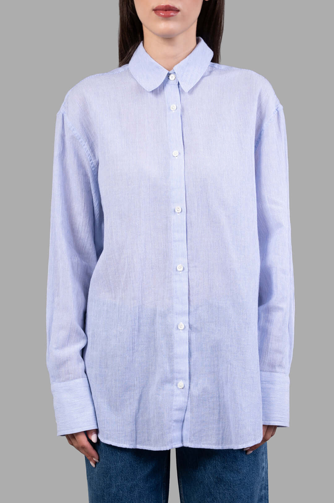 Anine Bing Striped Plaza Shirt displayed front view, featuring blue and white cotton fabric with button-up design.