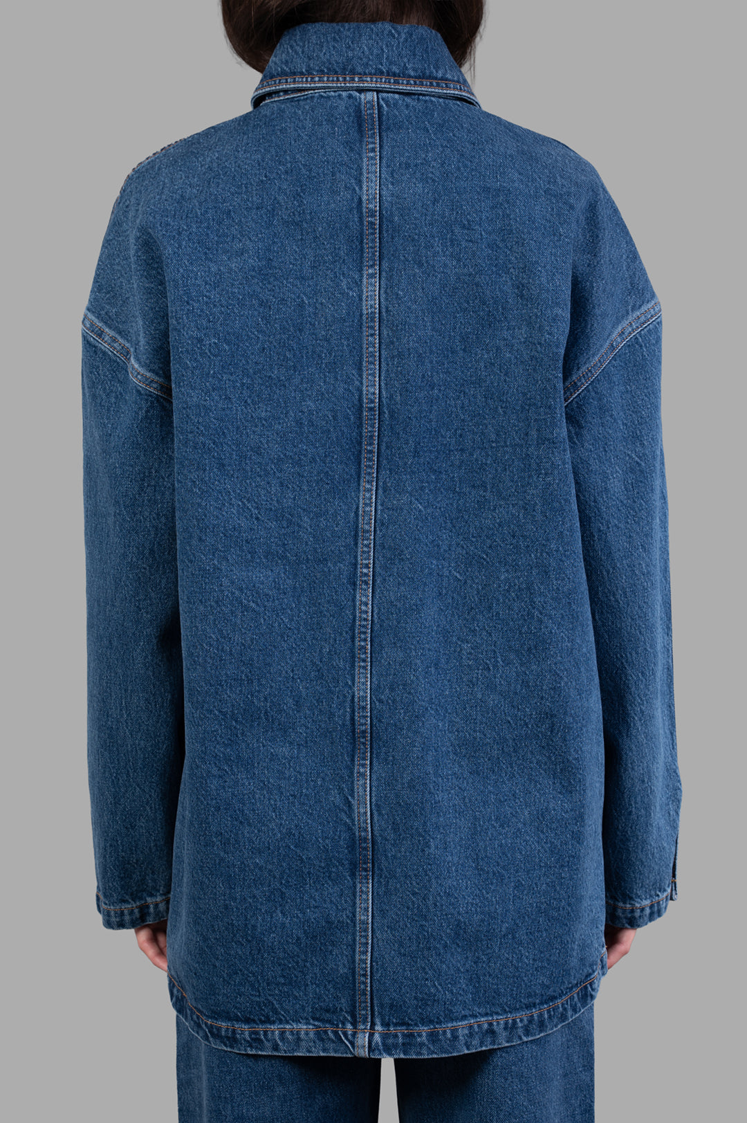 Anine Bing Luca Jacket in blue, showcasing a modern utility-inspired design from the back view, crafted in cotton denim.