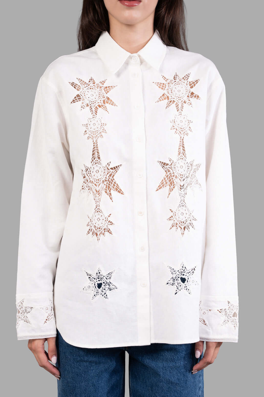 Zadig & Voltaire Morning Cotton Regular-fit Shirt, off-white, featuring embroidery and a classic collar, shown on model.