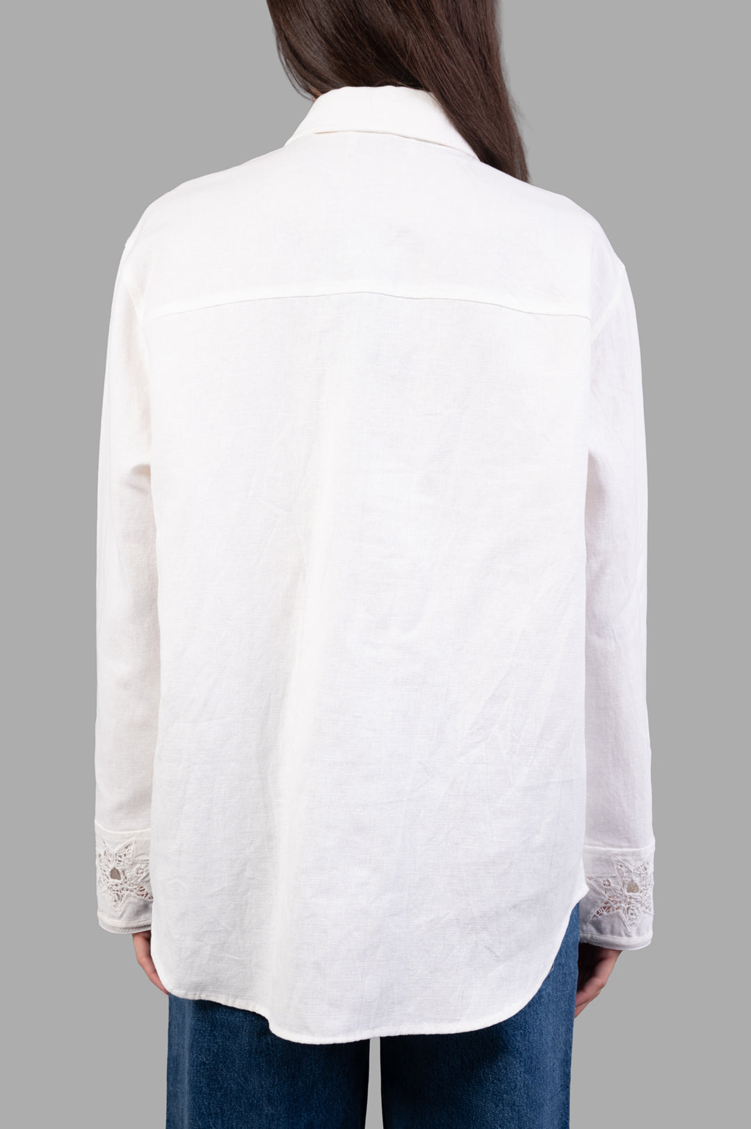 Zadig & Voltaire Morning Cotton Regular-fit Shirt, back view showcasing soft off-white fabric and intricate lace details on.