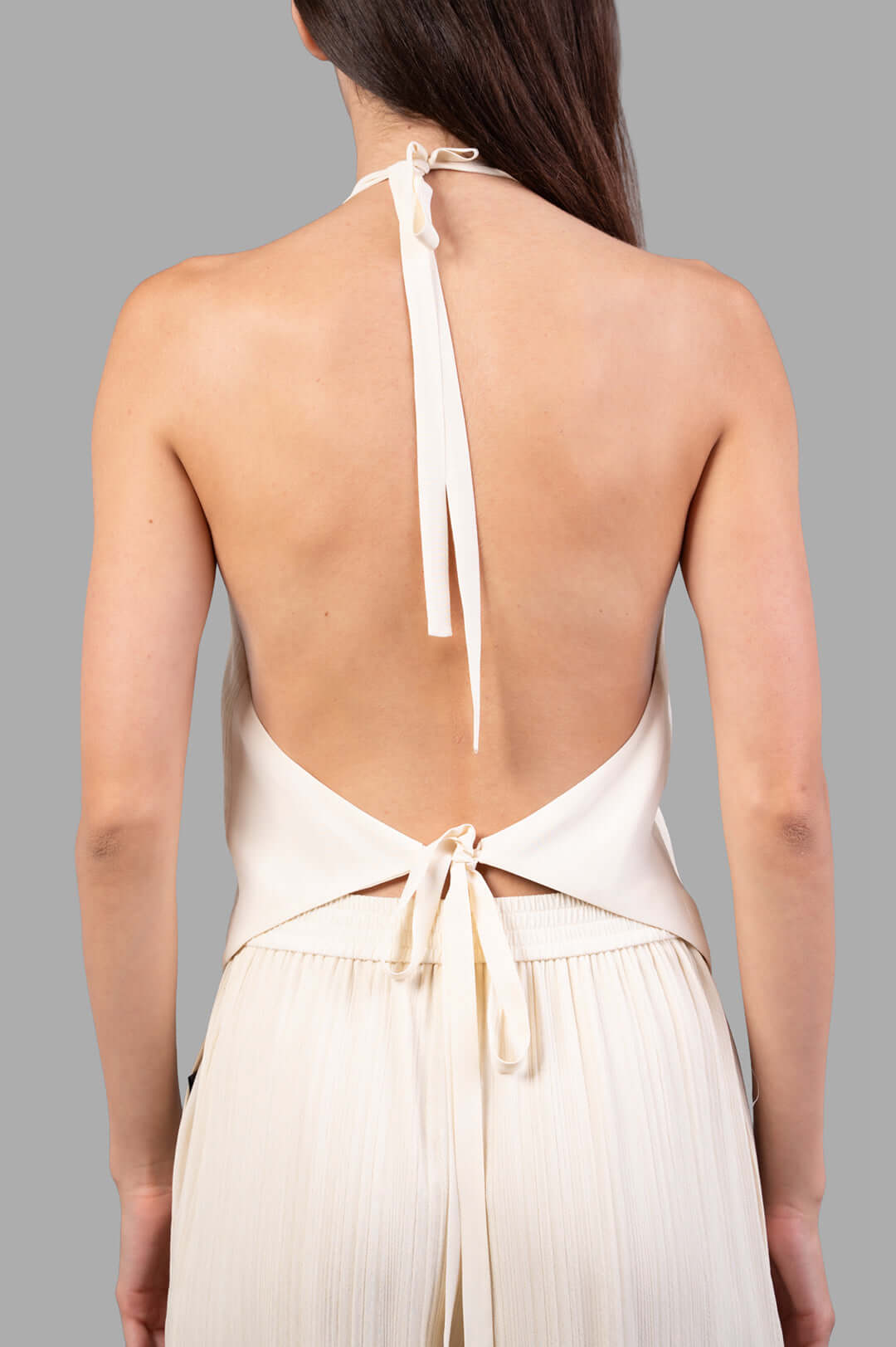 Joseph Suez Pleat Jacquard Tie Waistcoat, back view with elegant lower ties, crafted from soft viscose in ivory.
