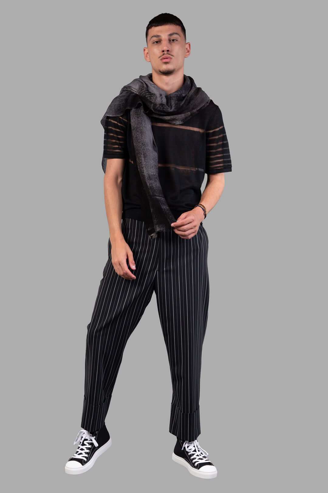 Vivienne Westwood Sheer Stripe Tee in Black, front view on model, featuring lightweight linen and knitted sheer stripes.