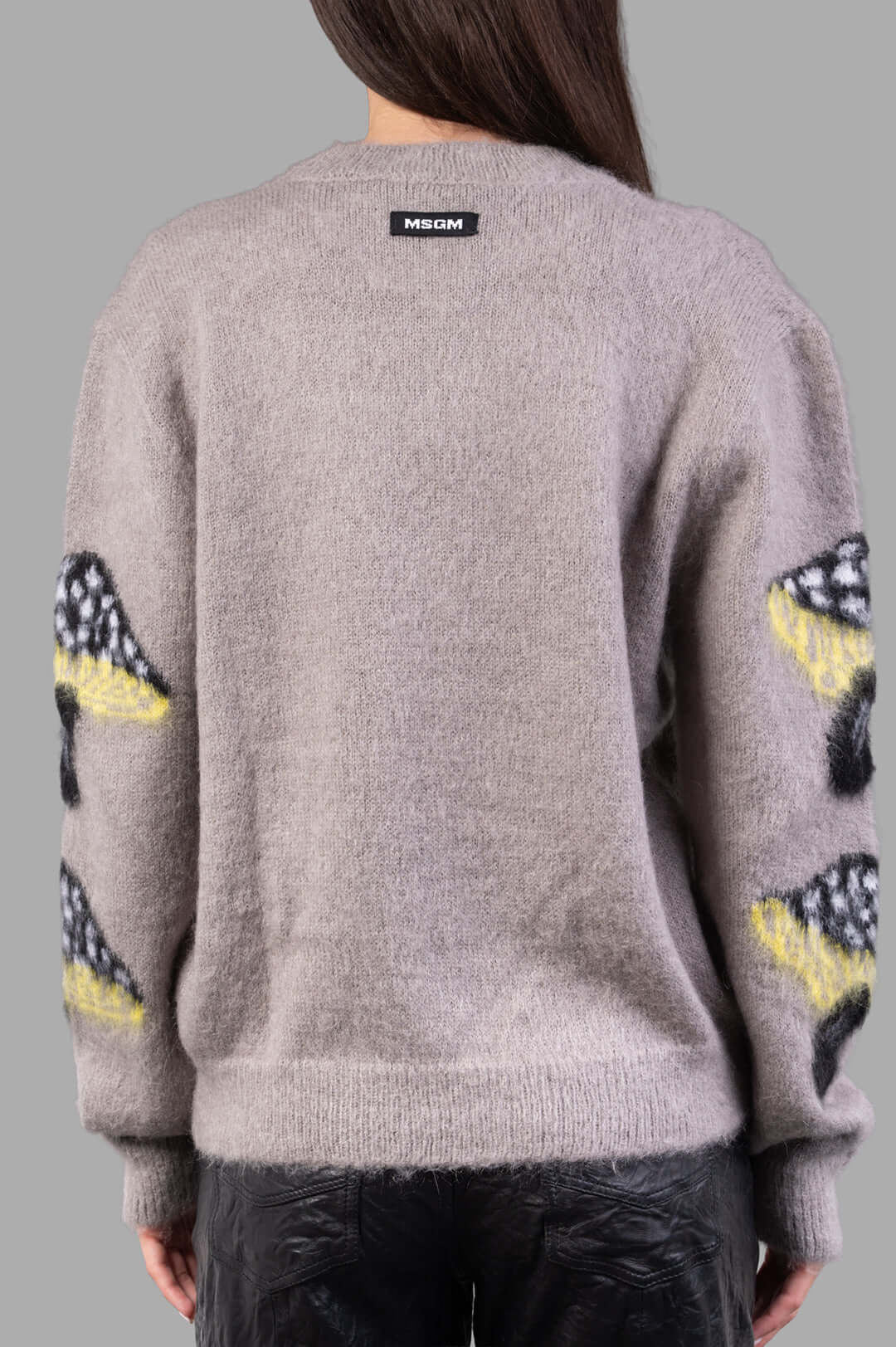 MSGM Mushroom-intarsia Sweater features a cozy grey design with vibrant mushroom motifs on the sleeves, highlighting.