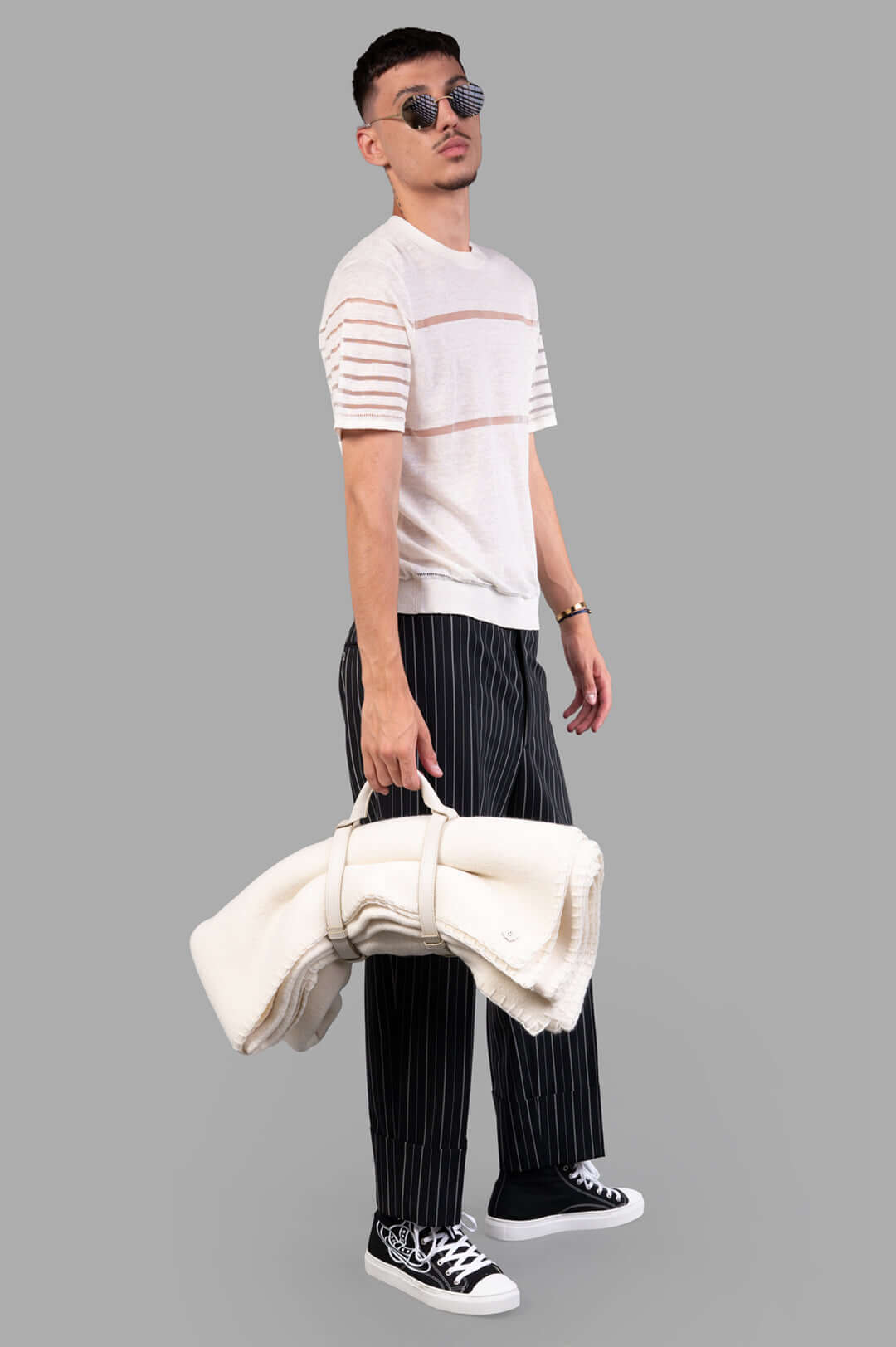 Vivienne Westwood Sheer Stripe Tee in Ivory, front view on model, showcasing knitted linen design and sheer accents.