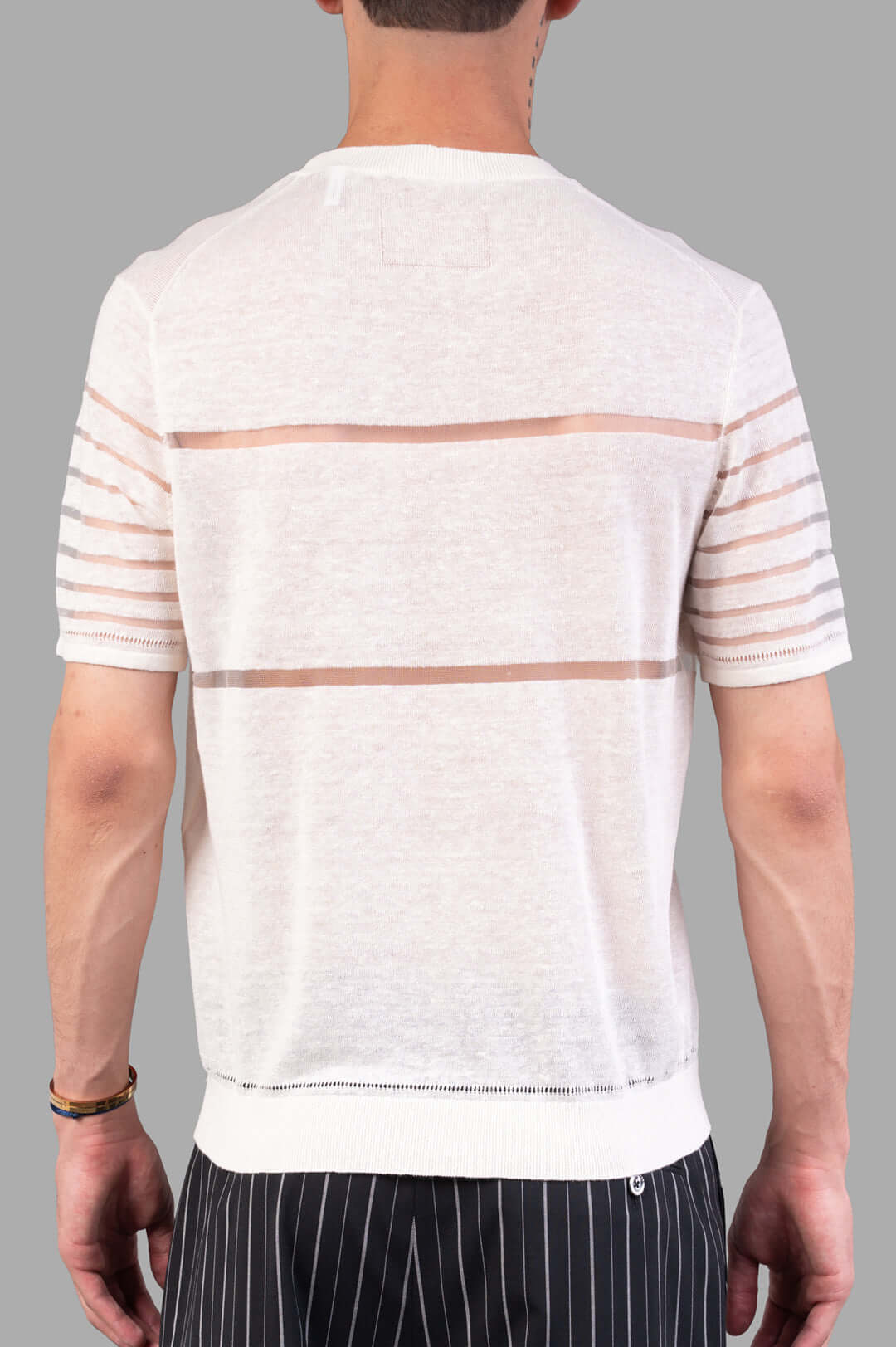 Vivienne Westwood. Sheer Stripe Tee in Ivory, showcased from the back, highlighting sheer stripes and lightweight linen.