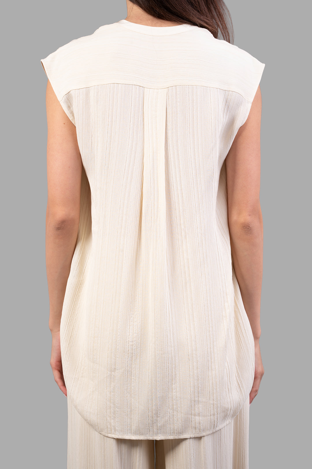 Joseph Lucien Pleat Jacquard Blouse, back view, showcasing relaxed fit, sleeveless design, and textured viscose material.