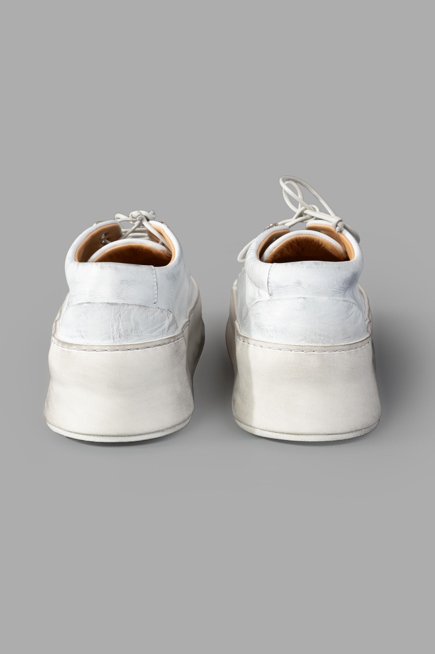 Marsèll Cassapana Derby Shoes in white/grey, showcasing the back view with unique high platform and luxurious leather texture.
