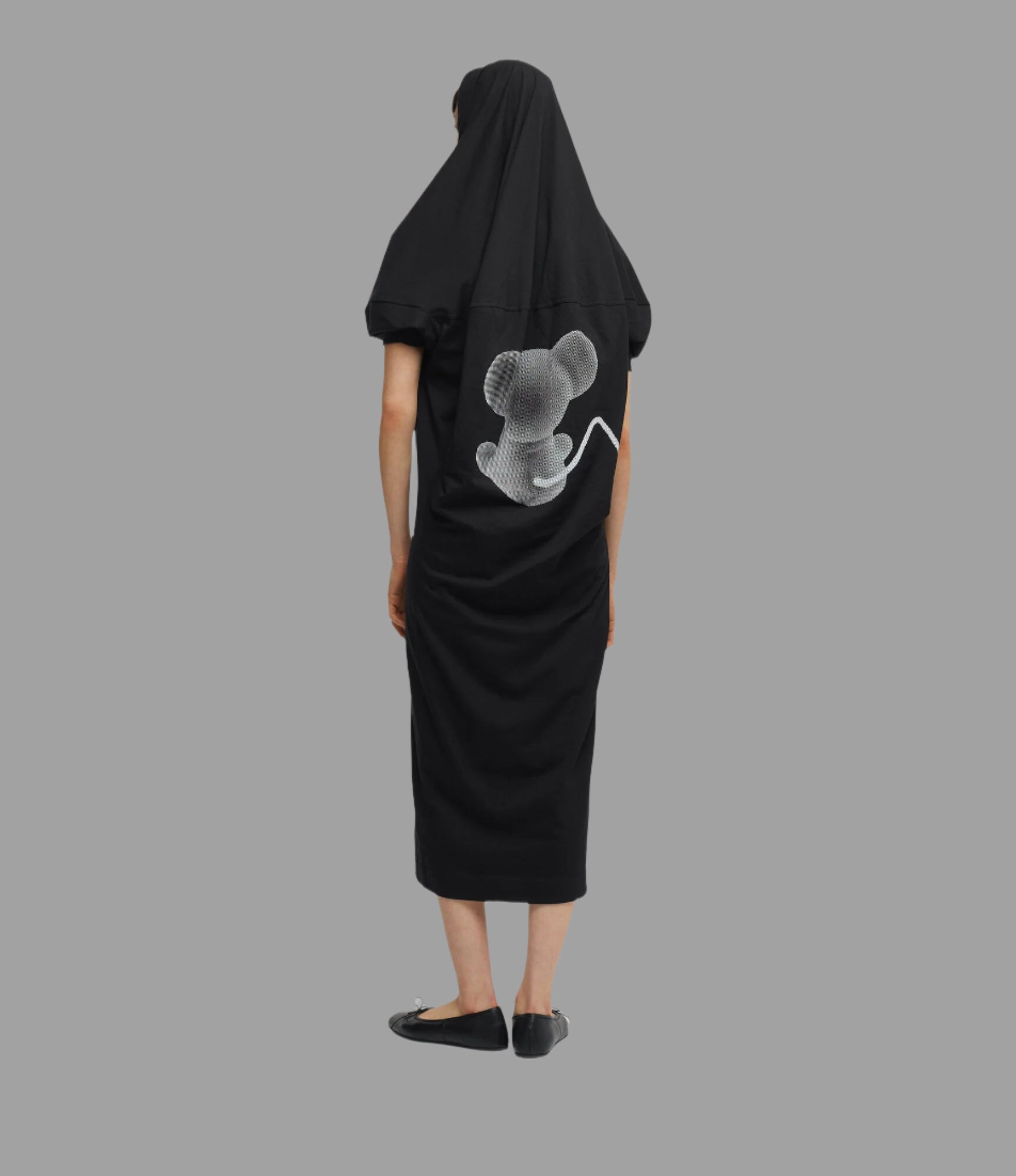 Vivienne Westwood Mouse Maxi Dress featuring a playful mouse motif on the back, crafted from soft black cotton, styled.