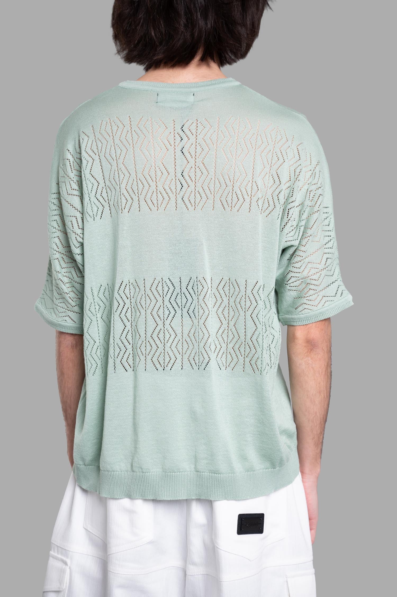 Gaëlle Paris Knit Logo T-shirt, mint green, featuring a stylish open knit back and relaxed fit. Perfect for casual wear.