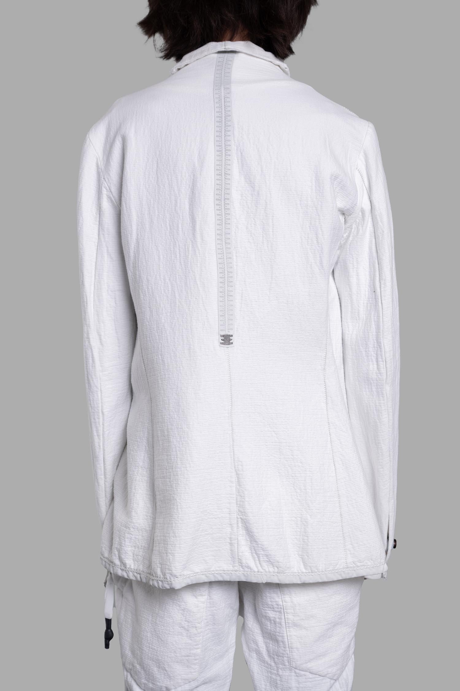 Isaac Sellam Crinkled Blazer showcasing a unique back collar design with striking leather piping and bold chain details.
