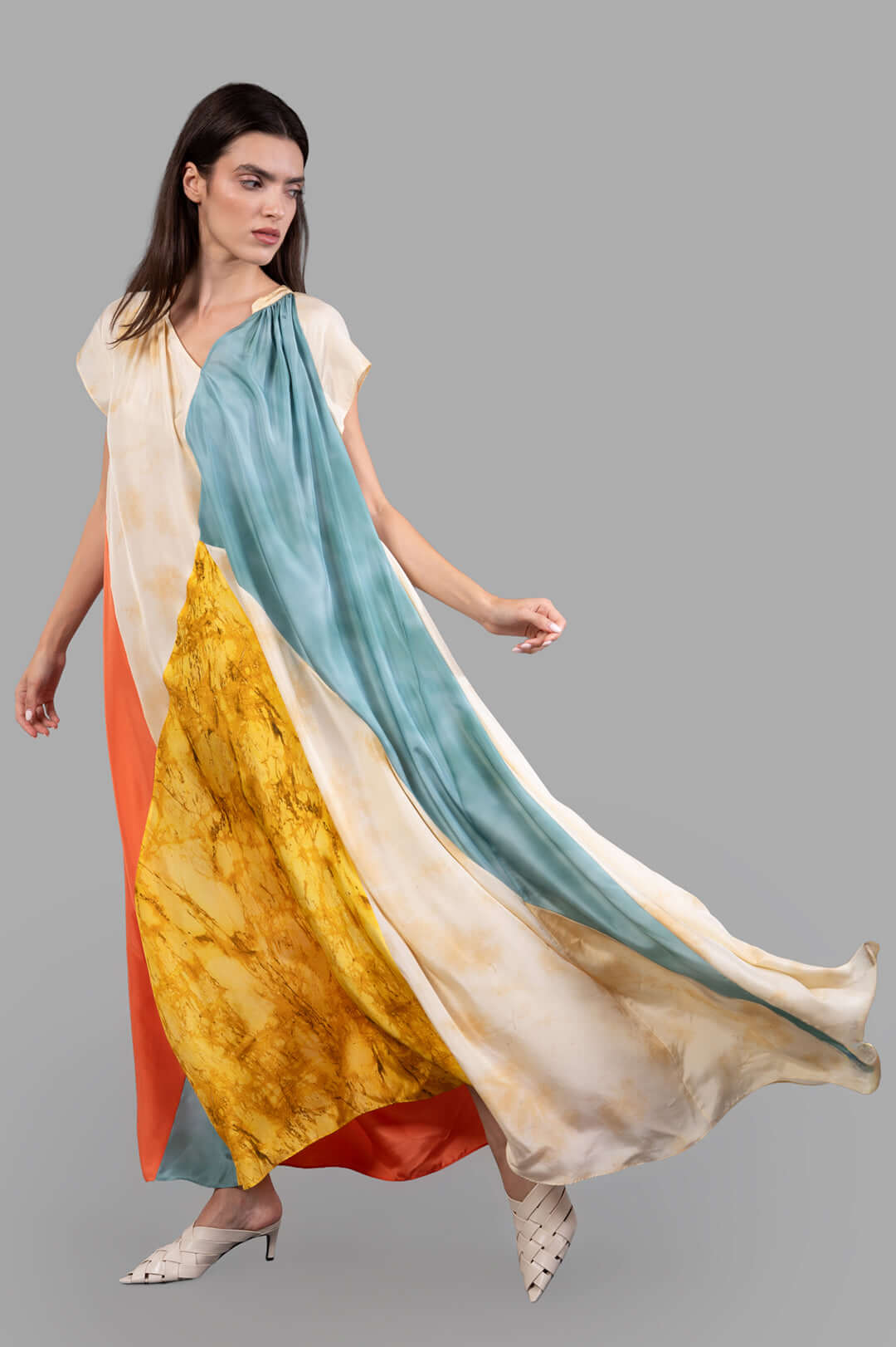 Joseph Silk Tulipa Maxi Dress in multi-color geometric print, front view on model, flowing design, 100% habotai silk.