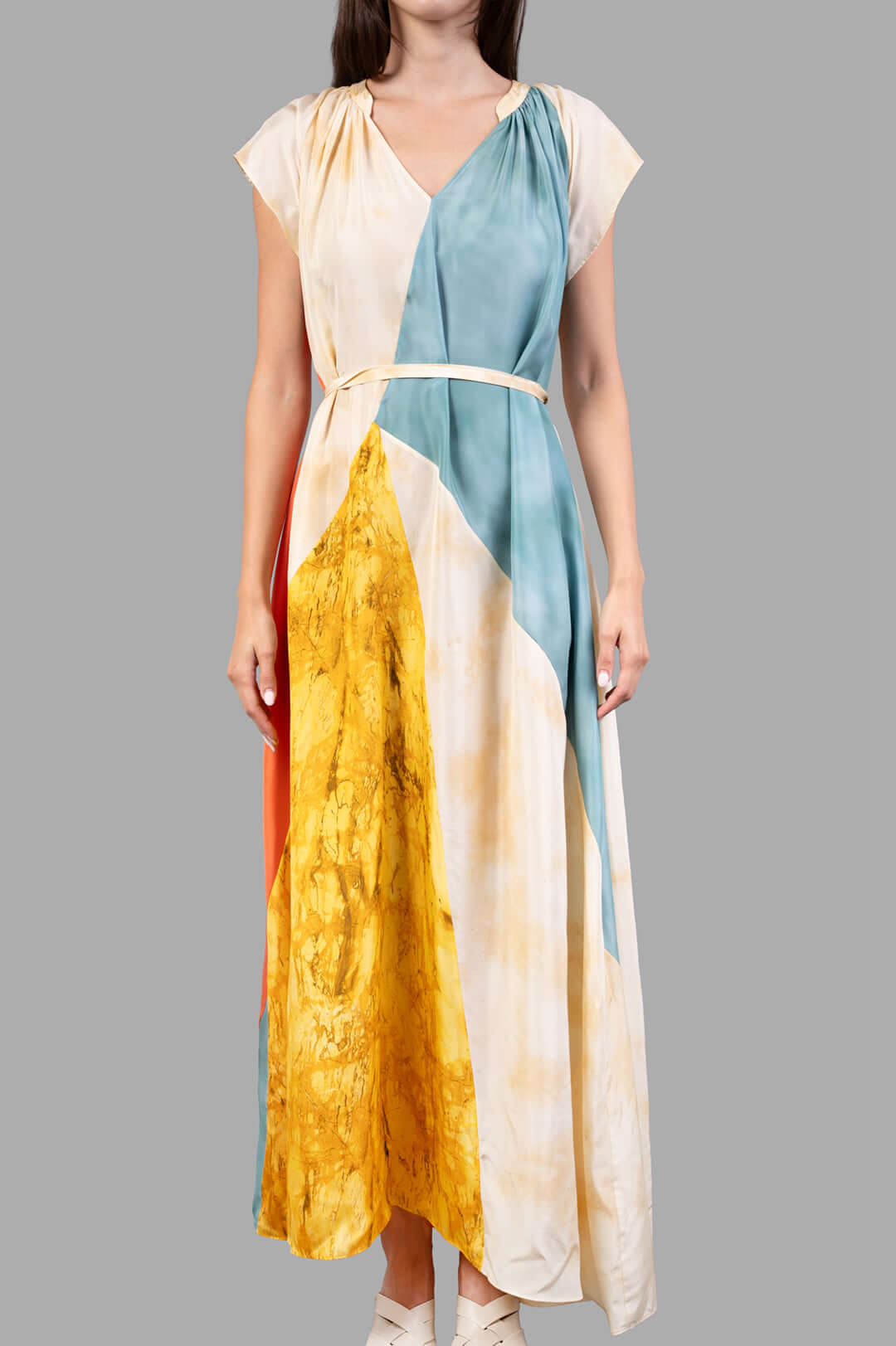Joseph Silk Tulipa Maxi Dress in habotai silk, featuring a geometric print and gathered neckline, shown on model.