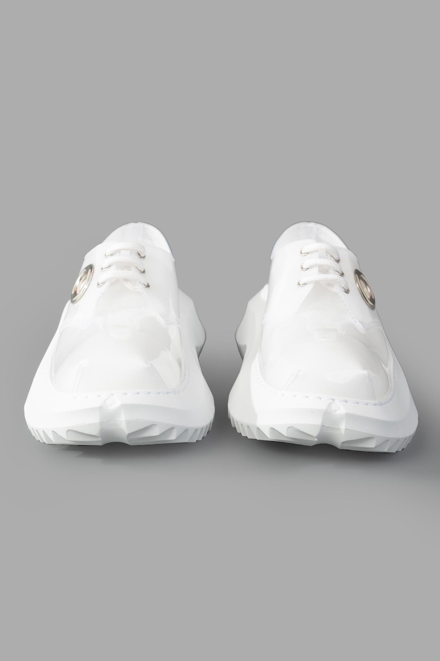 Comme des Garçons x Phileo 062 Derby Shoes, front view showcasing glossy white rubber material and unique design details.