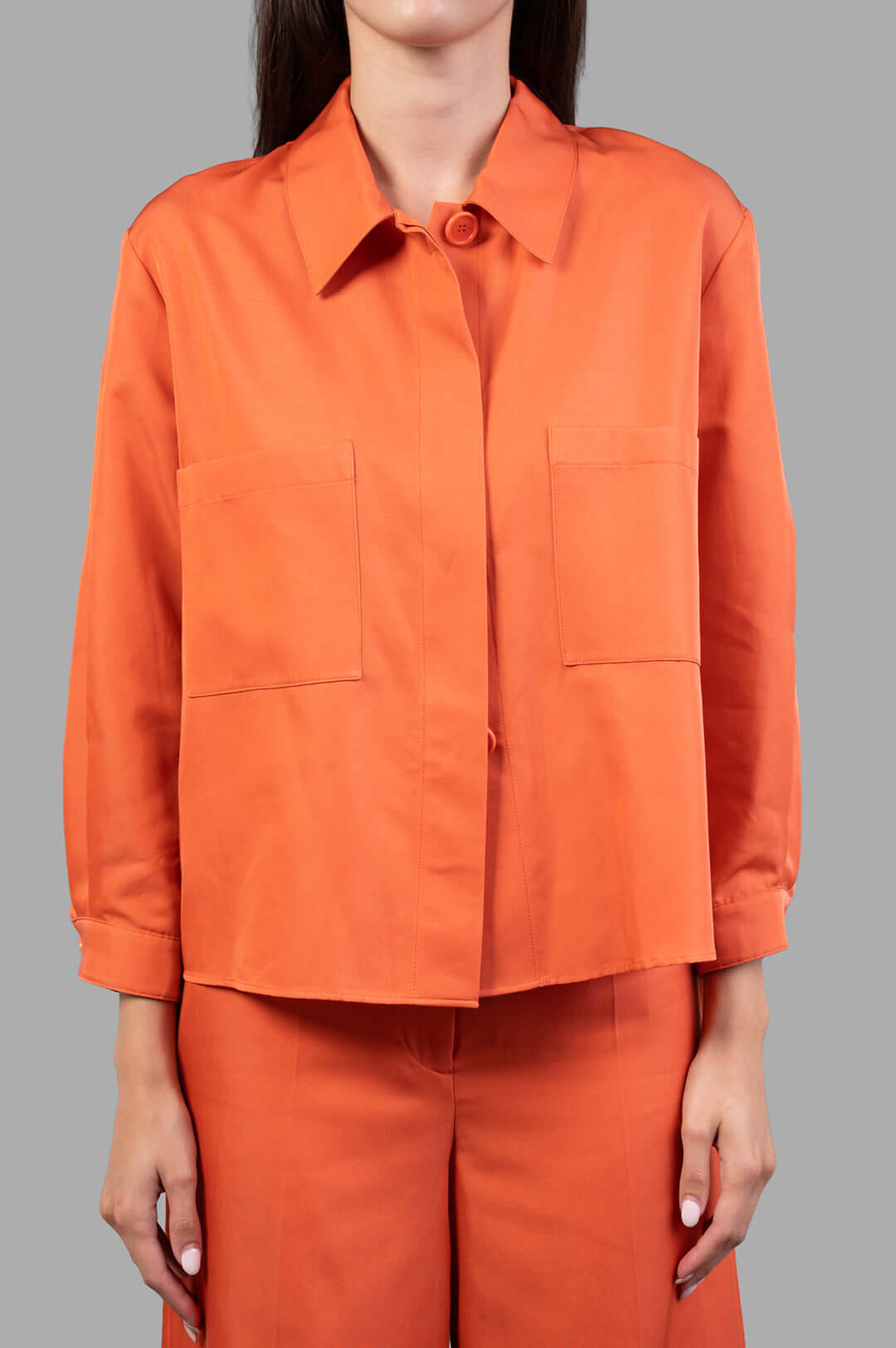 Joseph Soft Cotton Silk Shirt in burnt orange, featuring a boxy silhouette, cropped length, and two front patch pockets.