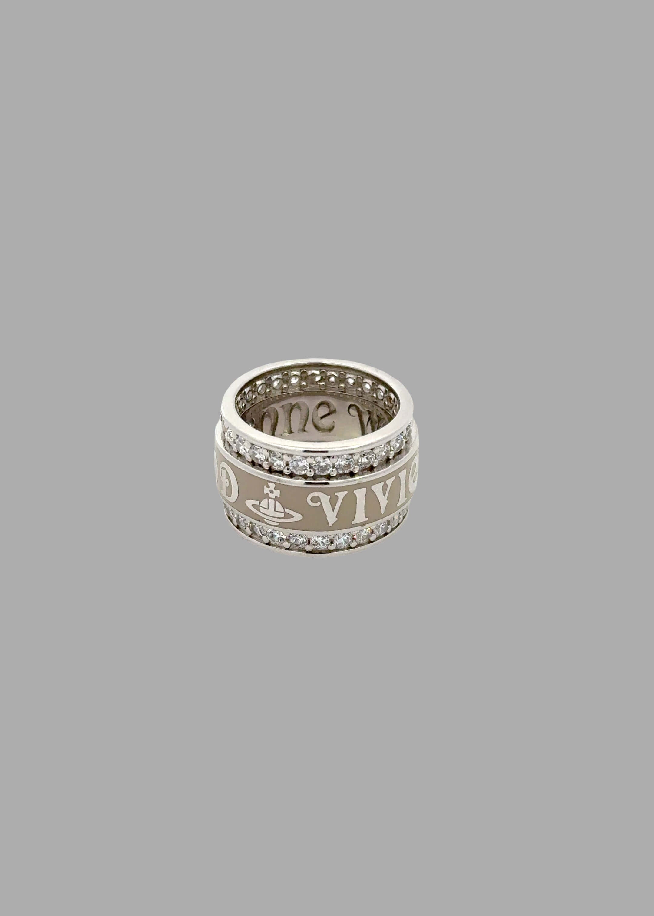 Vivienne Westwood Jacob Ring in Silver, featuring a wide band and enamel stripe, adorned with cubic zirconia crystals.
