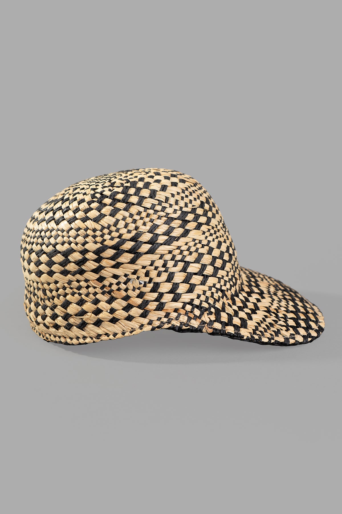 Kijima Takayuki Straw Baseball Cap in black/beige raffia, side view showcasing woven texture and elegant design.