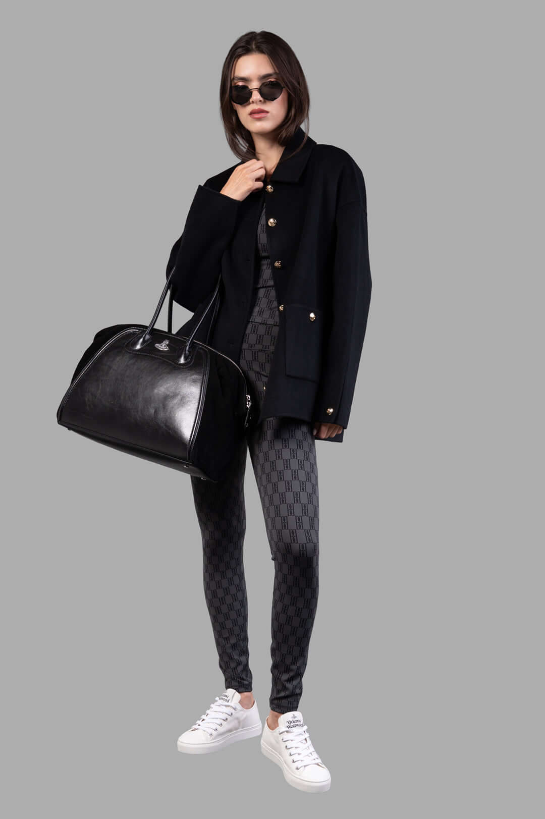 Anine Bing Luca Jacket in Black Cashmere, front view on model, showcasing utility-inspired design and wool-cashmere texture.