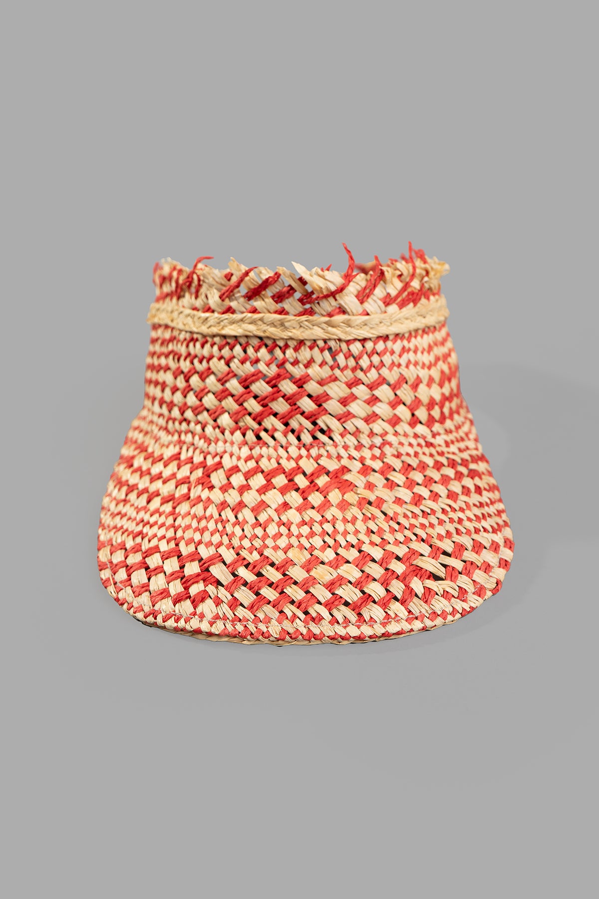 Kijima Takayuki Straw Sun Visor in beige and red, showcasing woven raffia, detailed texture, and adjustable back strap.