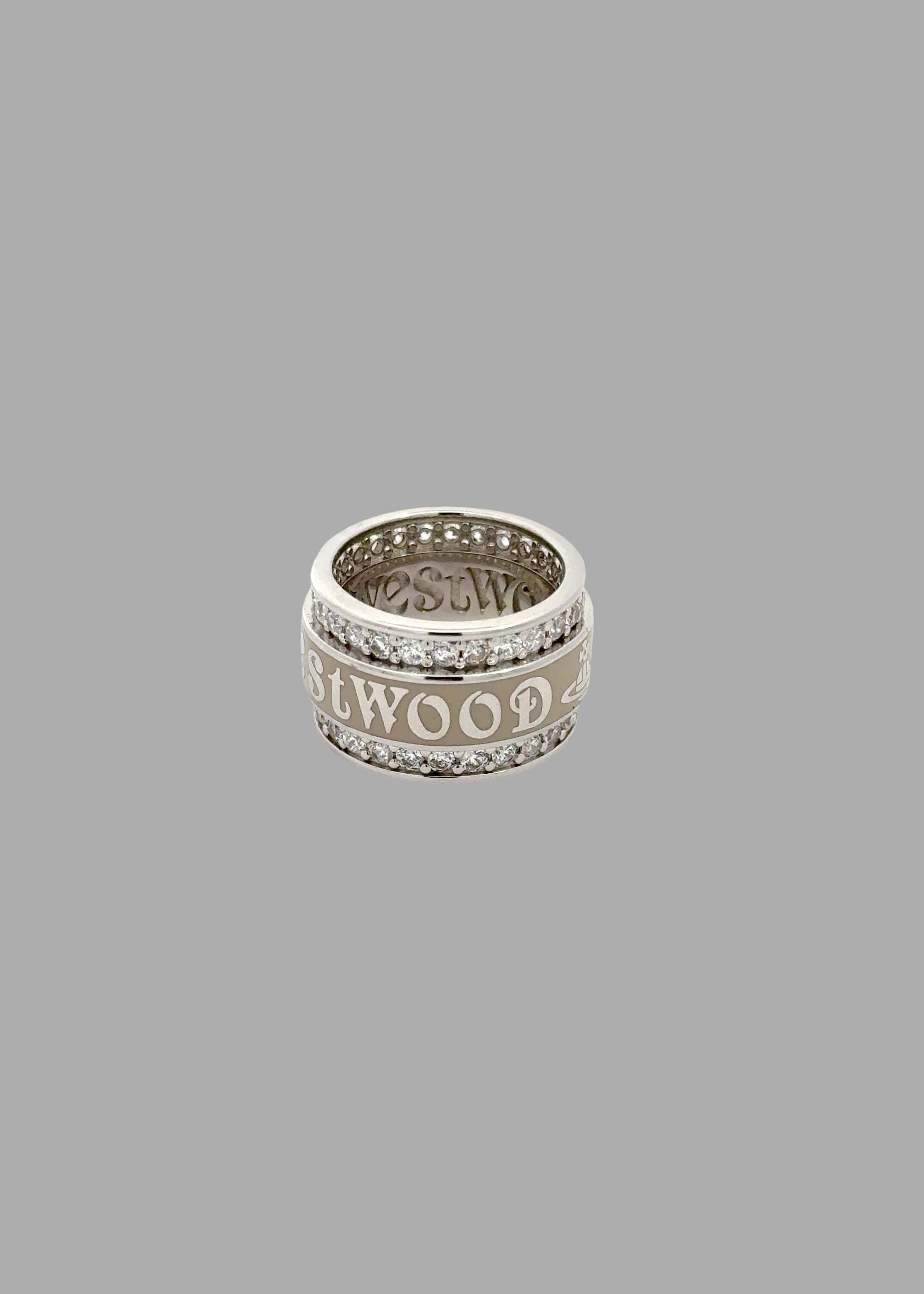 Vivienne Westwood Jacob Ring in Silver, showcasing wide-band design with enamel stripe and cubic zirconia accents.