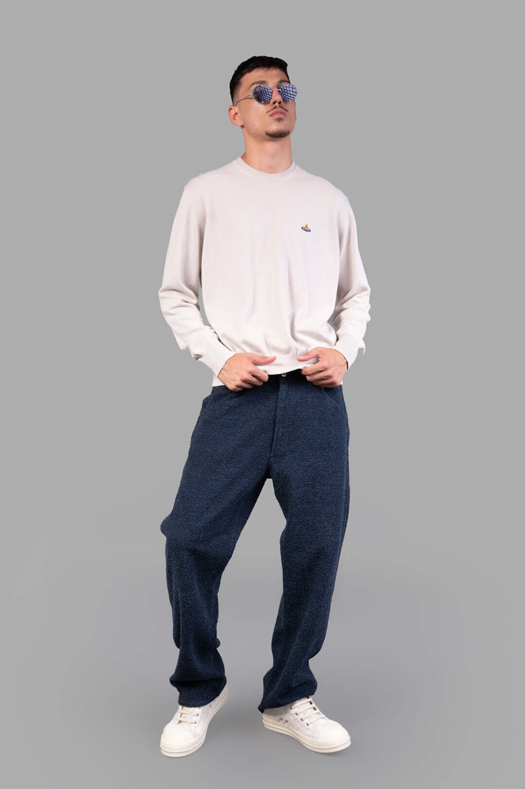 Vivienne Westwood Ranch Bouclé Wool Jeans with textured fabric, styled on-model with straight-leg fit and casual shoes.